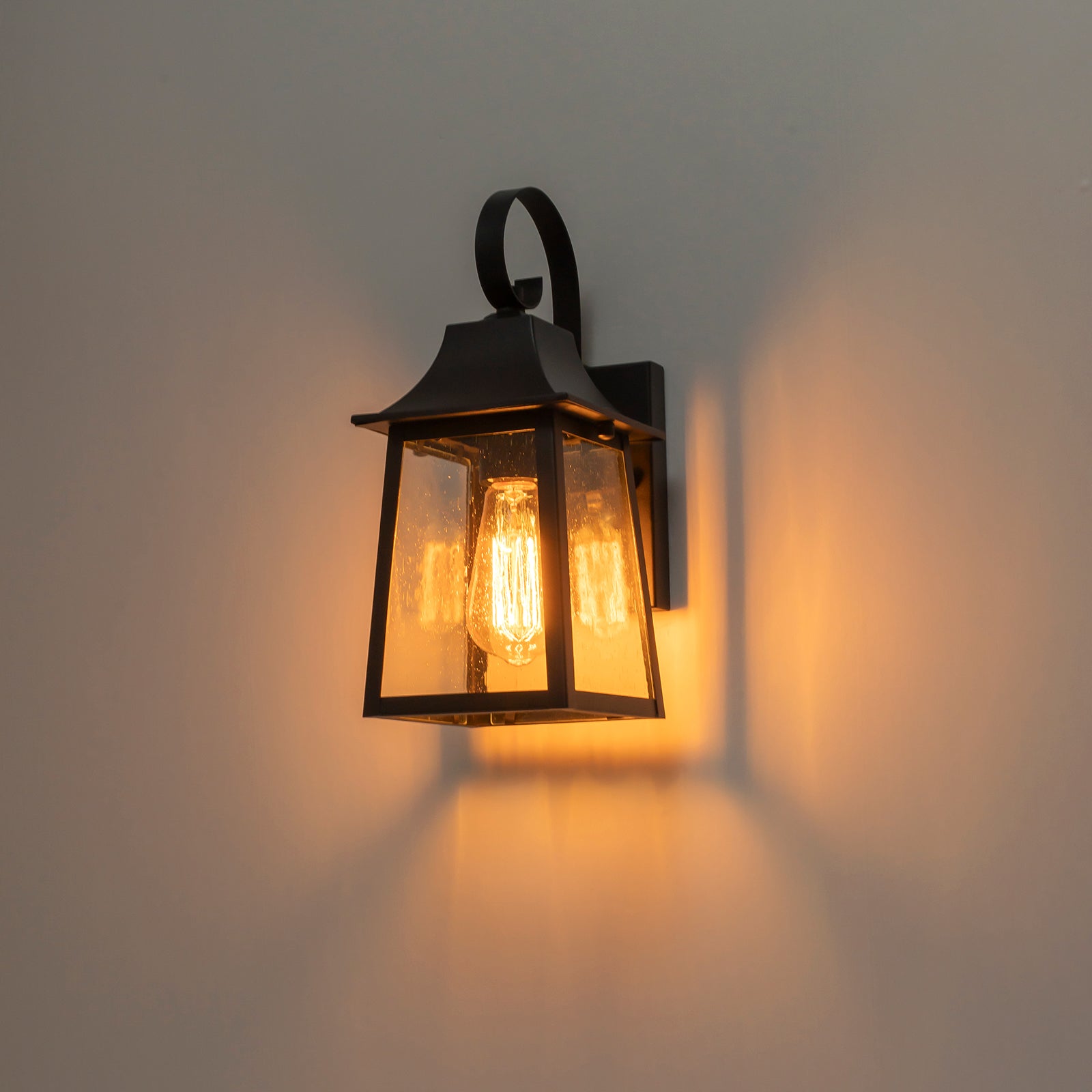 Glowlings 1-Light Modern Farmhouse 13"High IP23 Matte Black Seeded Glass Lantern Outdoor Wall Sconce