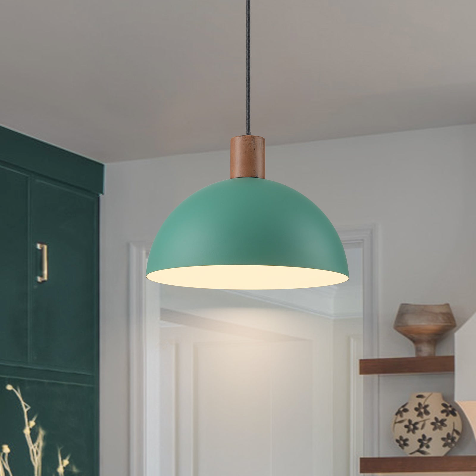 Glowlings 1-Light Modern 11"Wide Green/Black Small Dome Pendant Light