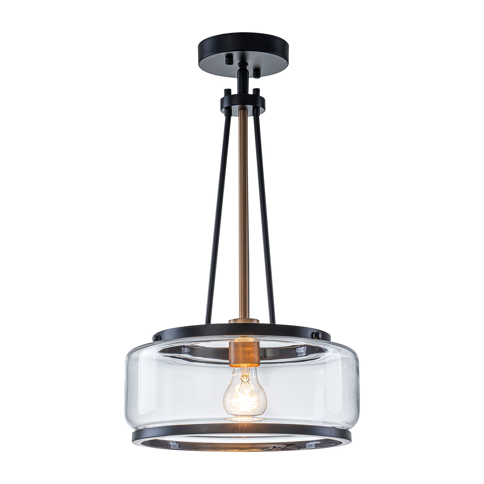 Glowlings 1-Light Industrial Matte Black Clear Glass Drum Pendant Light Converts To Semi-Flush Mount