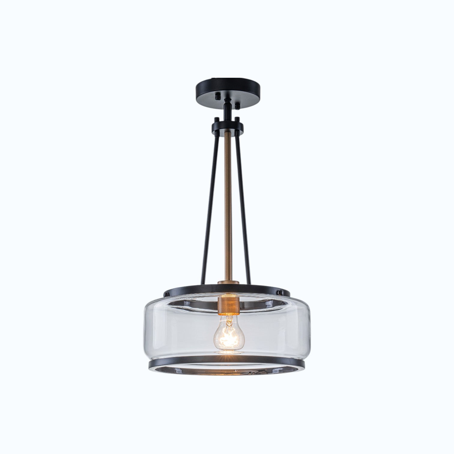 Glowlings 1-Light Industrial Matte Black Clear Glass Drum Pendant Light Converts To Semi-Flush Mount