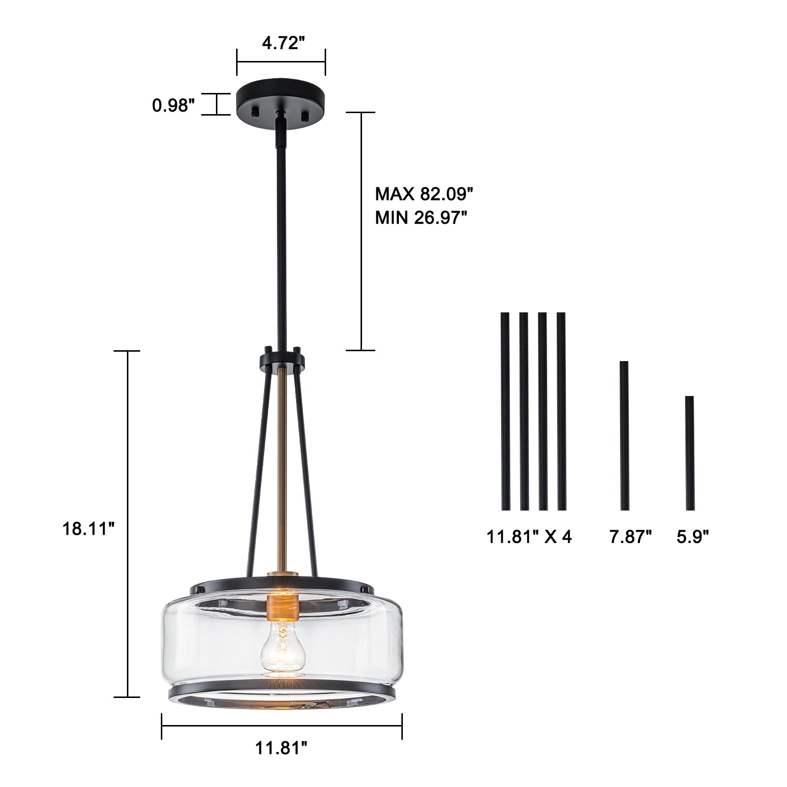 Glowlings 1-Light Industrial Matte Black Clear Glass Drum Pendant Light Converts To Semi-Flush Mount