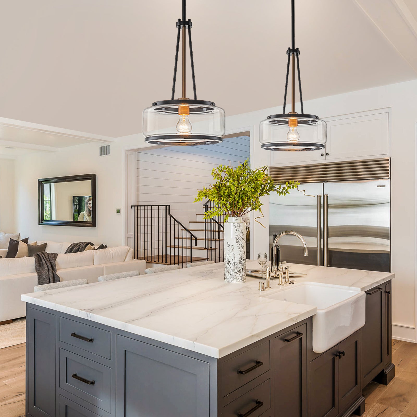 Glowlings 1-Light Industrial Matte Black Clear Glass Drum Pendant Light Converts To Semi-Flush Mount