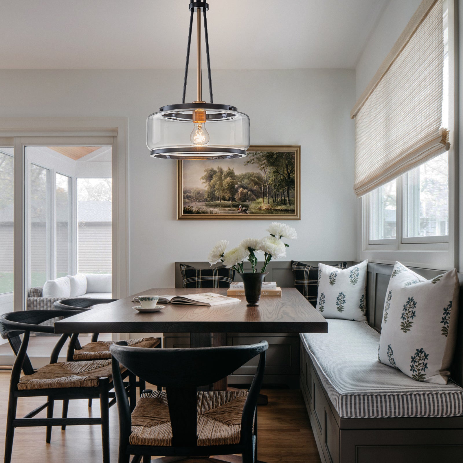 Glowlings 1-Light Industrial Matte Black Clear Glass Drum Pendant Light Converts To Semi-Flush Mount