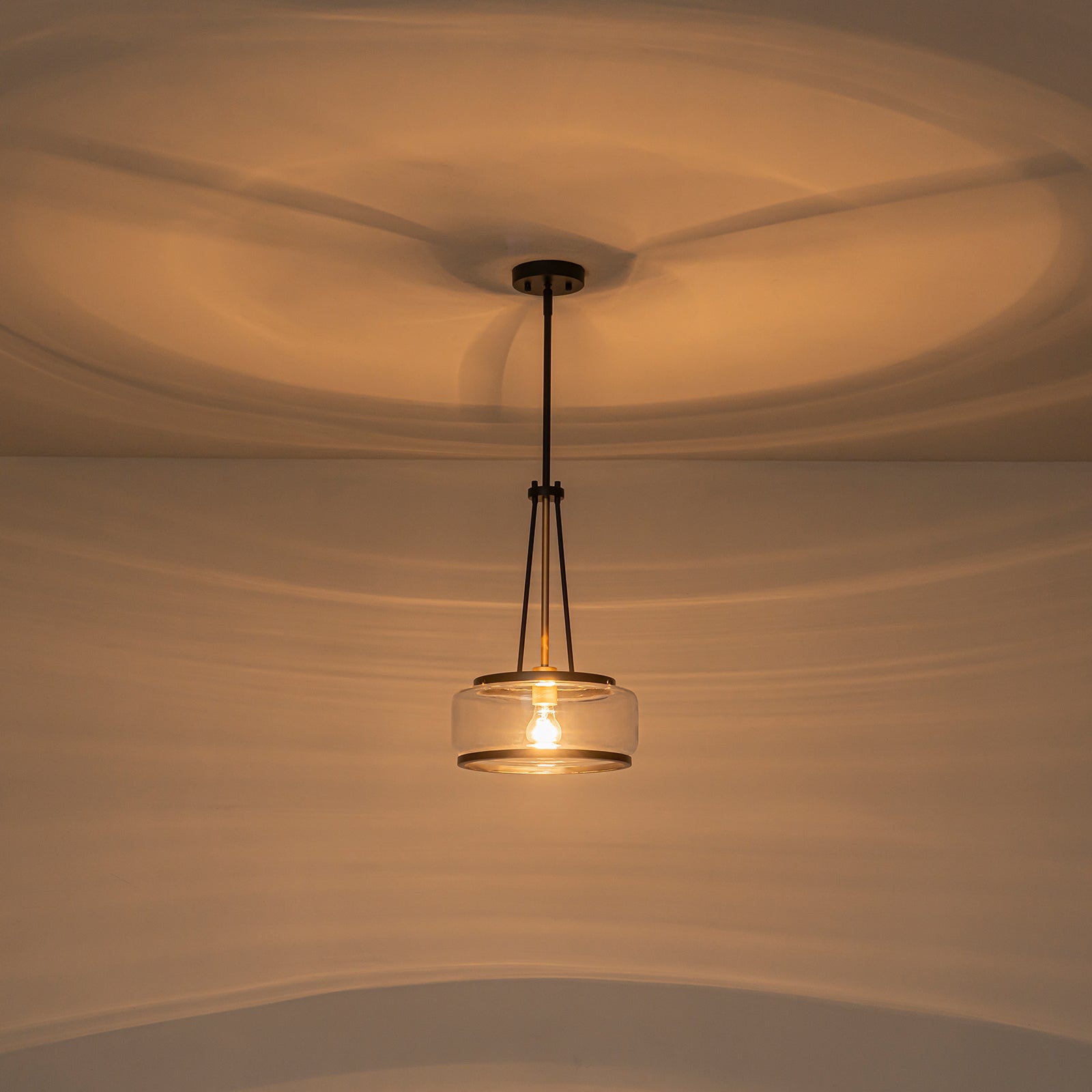 Glowlings 1-Light Industrial Matte Black Clear Glass Drum Pendant Light Converts To Semi-Flush Mount