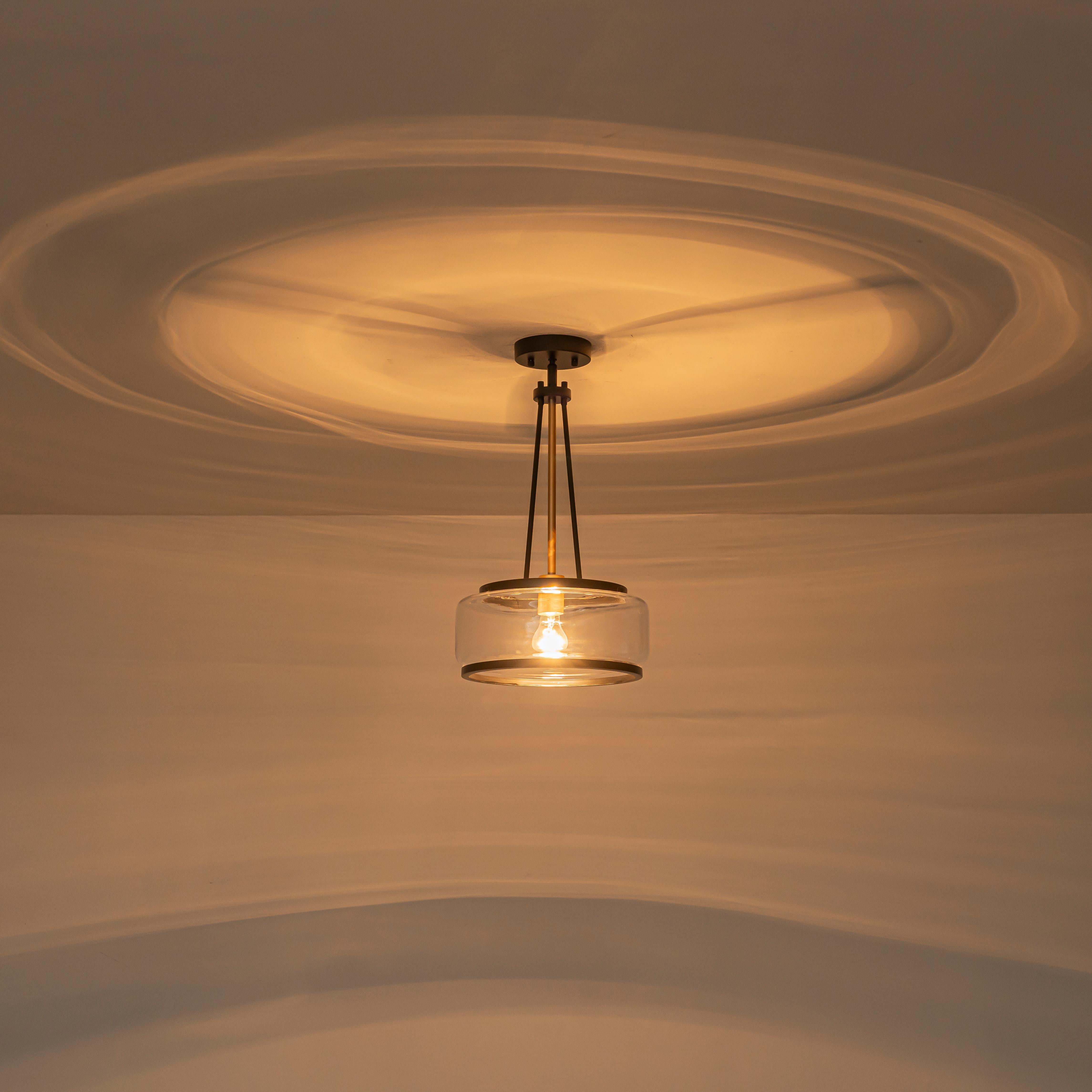 Glowlings 1-Light Industrial Matte Black Clear Glass Drum Pendant Light Converts To Semi-Flush Mount