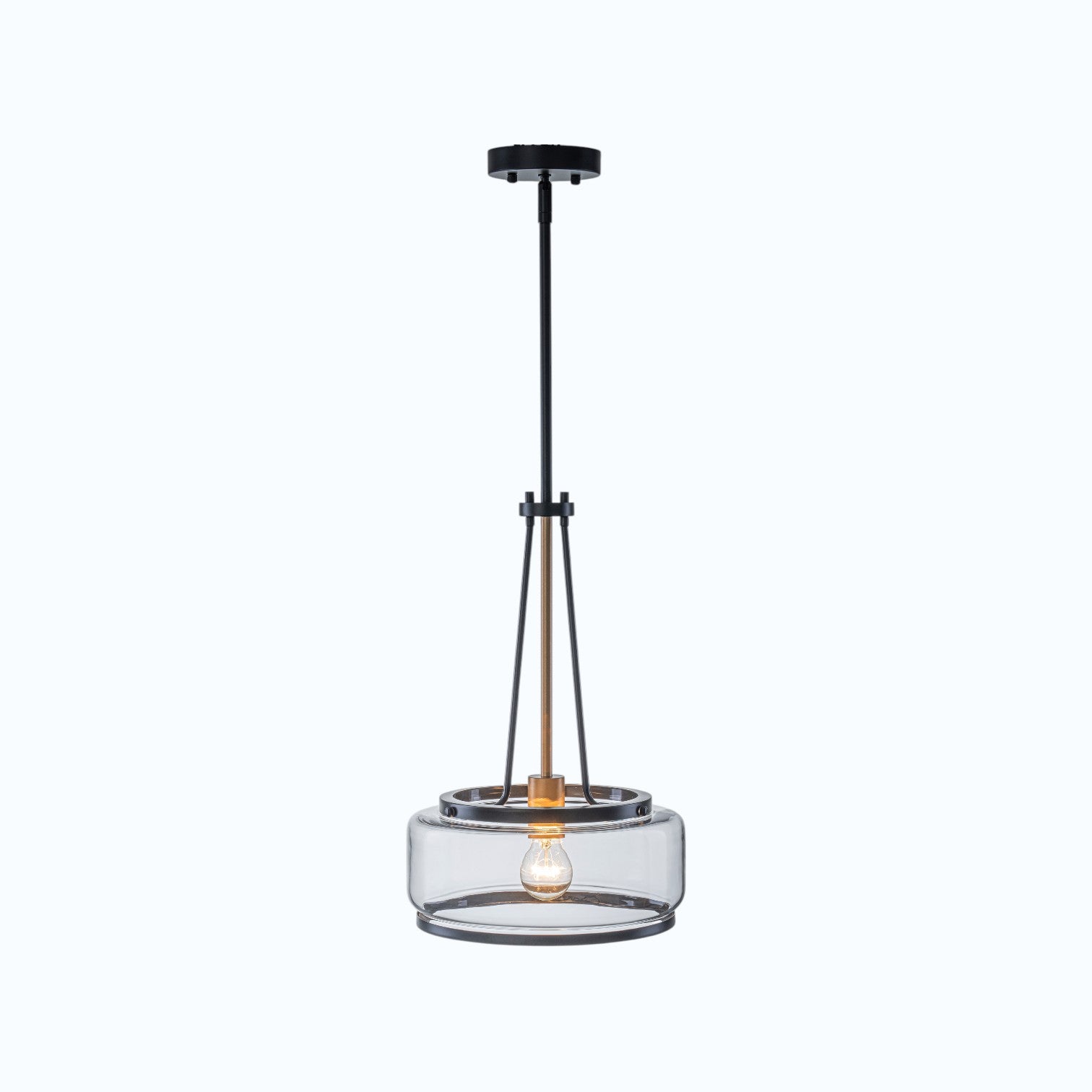 Glowlings 1-Light Industrial Matte Black Clear Glass Drum Pendant Light Converts To Semi-Flush Mount