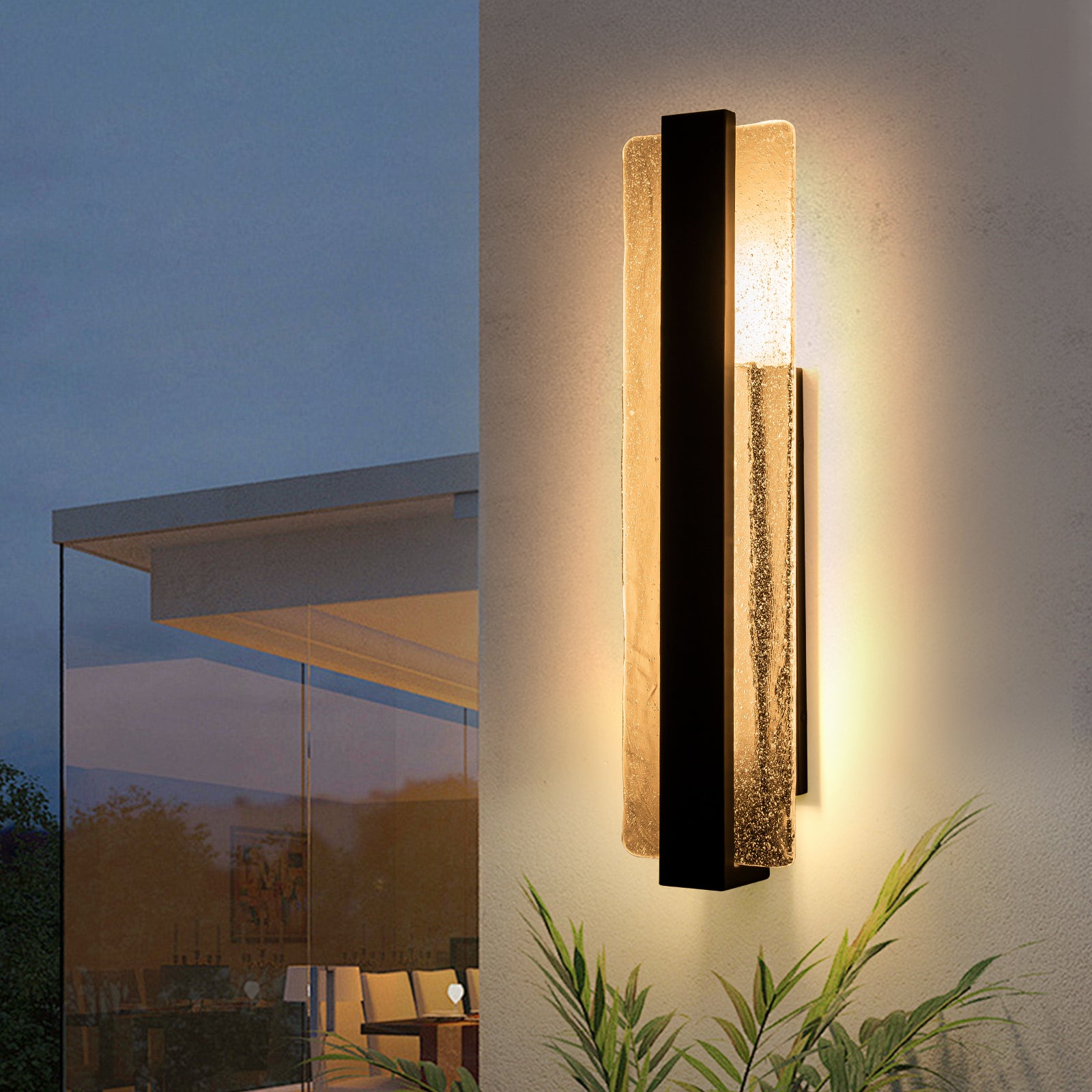 Glowlings 1-Light Modern 23"High Large Black Handmade Seed Glass Integrated LED Outdoor Wall Sconce