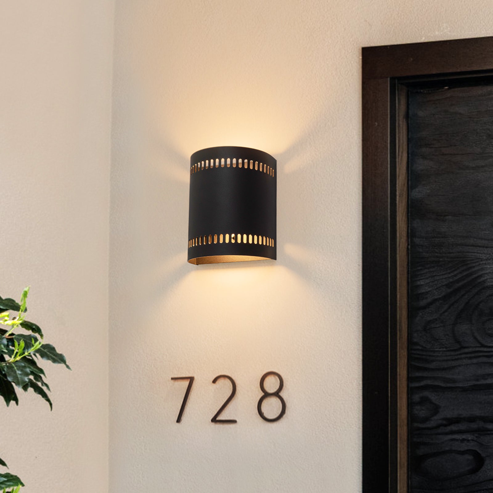 Glowlings 1-Light Modern 7"High IP56 Matte Black Cylinder Punched Hole Outdoor LED Wall Sconce