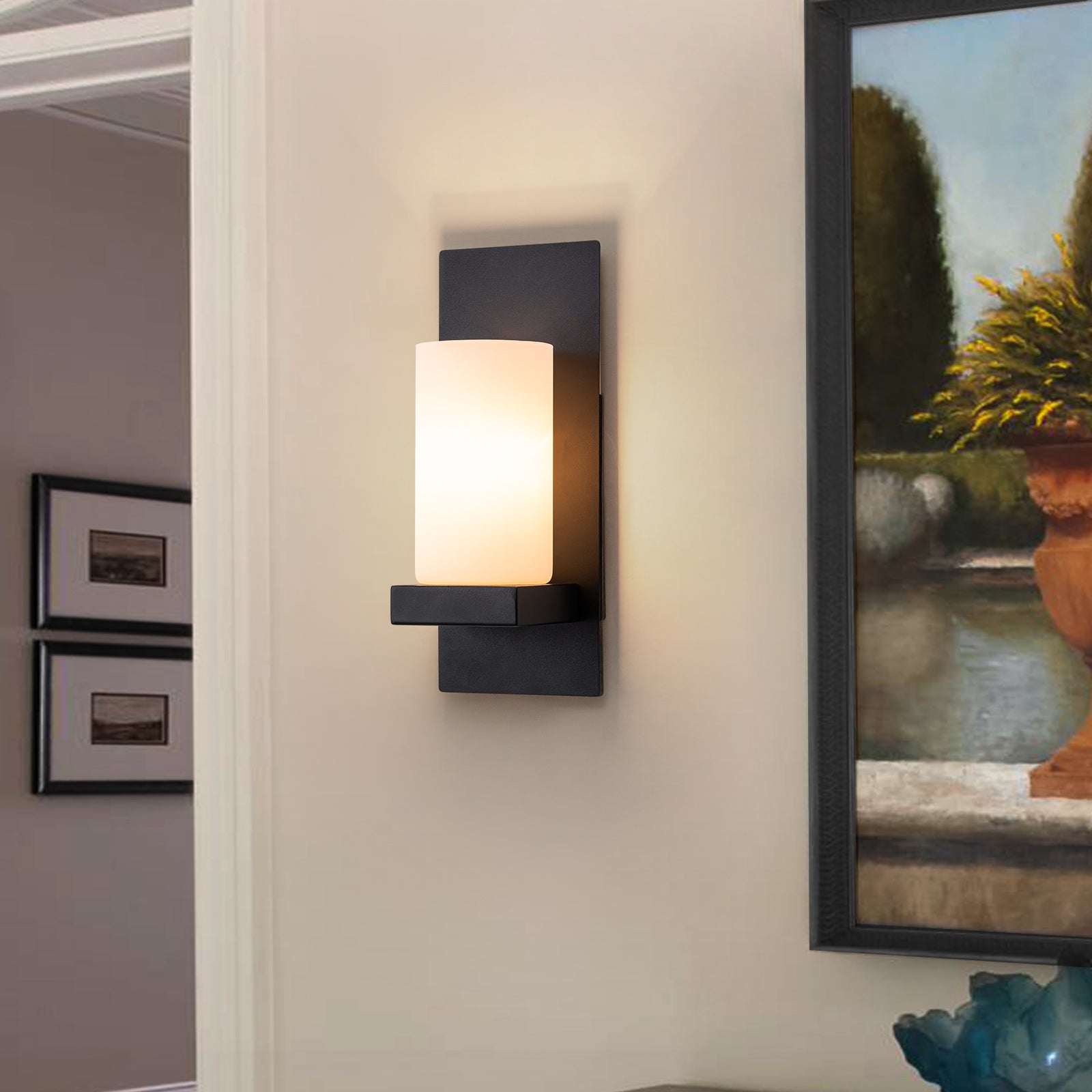 Glowlings 1-Light Modern Matte Black Wall Sconce with Cylinder Frosted Glass Shade