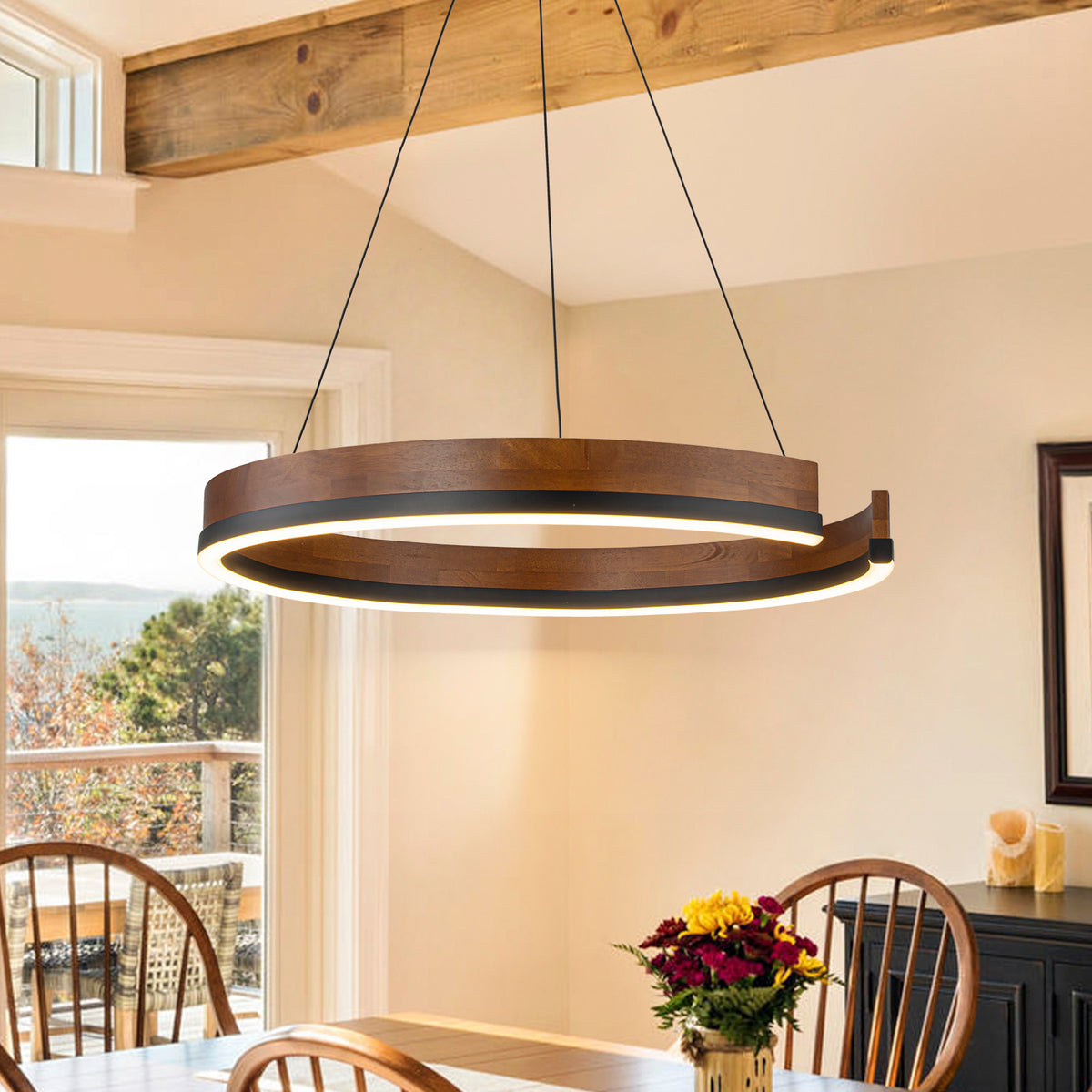 Glowlings 1-Light Modern 24"Wide Open Ring 3000K Dimmable LED Walnut Wood Pendant Light