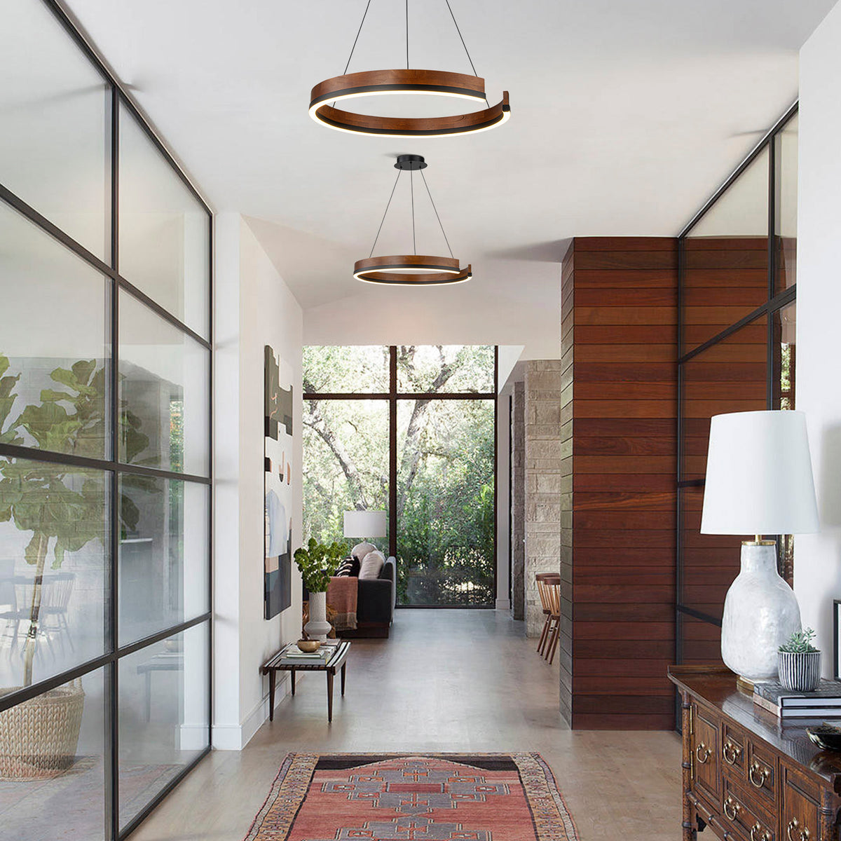 Glowlings 1-Light Modern 24"Wide Open Ring 3000K Dimmable LED Walnut Wood Pendant Light