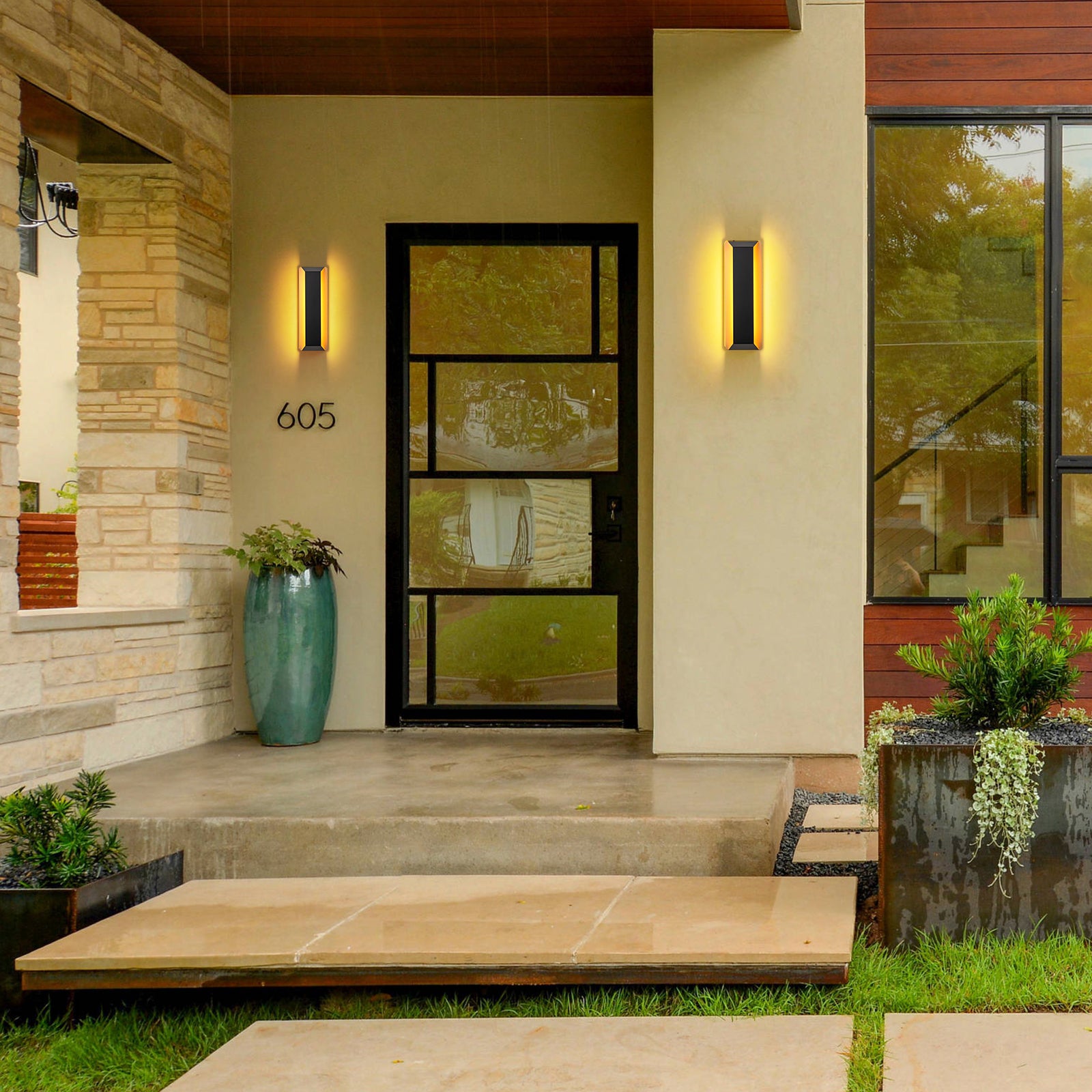 Glowlings 1-Light Modern 14"High Rectangle Black&Gold LED Outdoor Wall Sconce