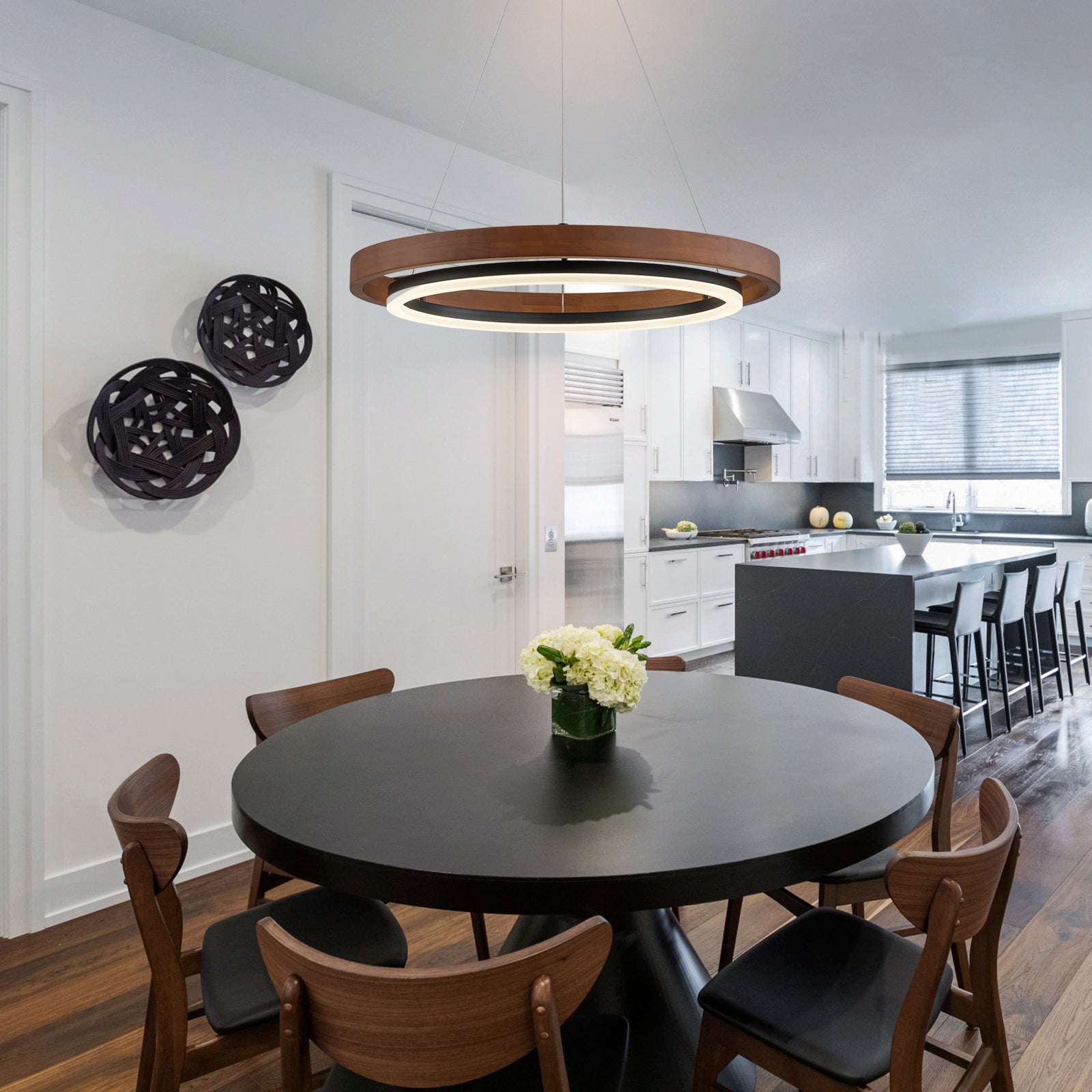 Glowlings 1-Light Modern 24"Wide Dimmable Round Walnut Wooden LED Chandelier