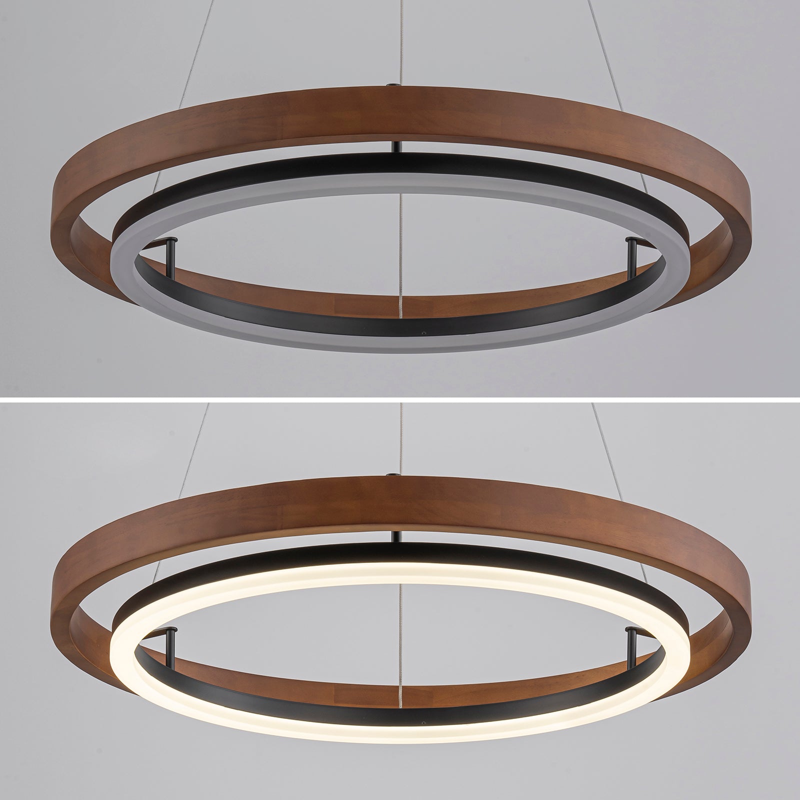 Glowlings 1-Light Modern 24"Wide Dimmable Round Walnut Wooden LED Chandelier