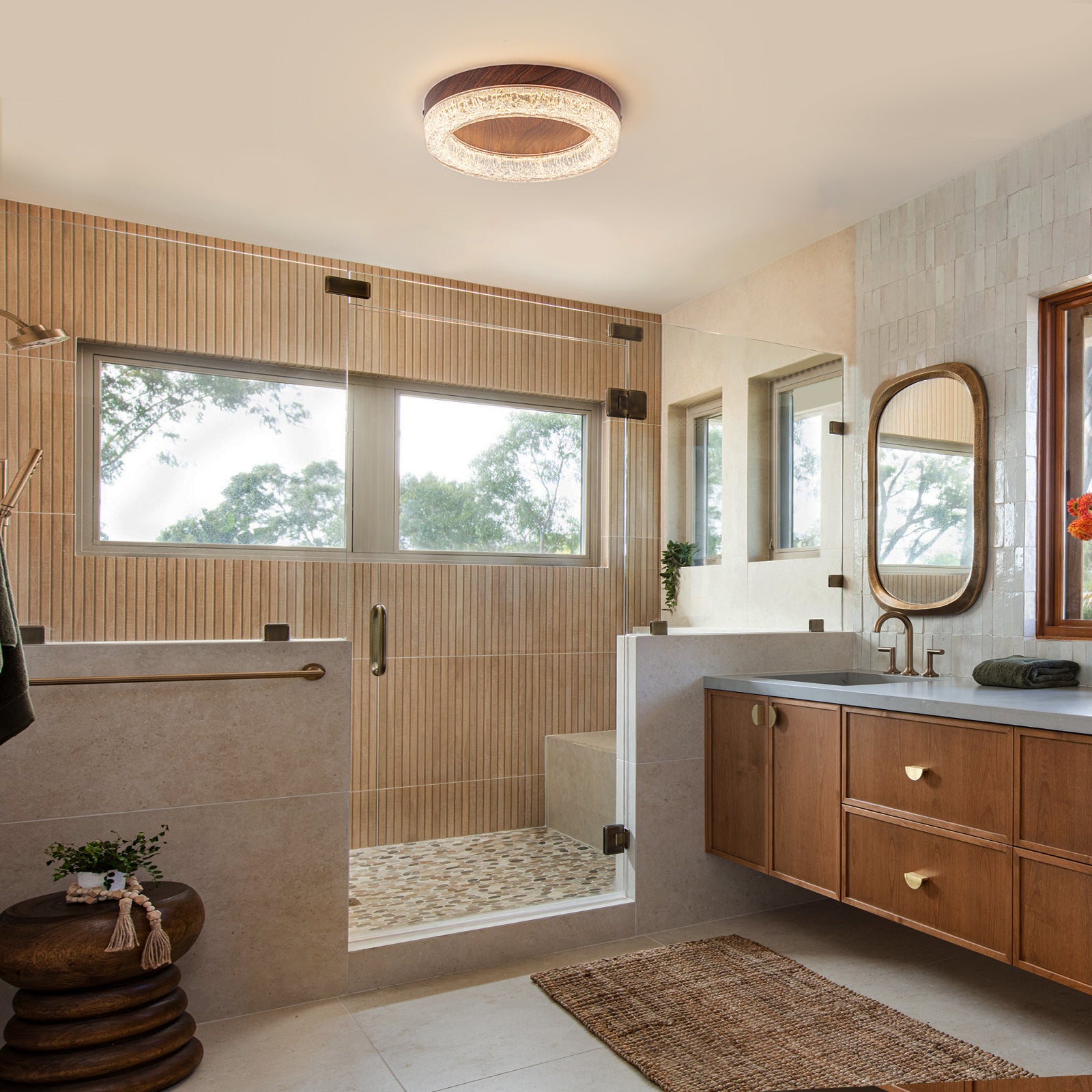 Glowlings 1-Light Modern Rippled Water Effect Round Walnut Wood LED Flush Mount Ceiling Light