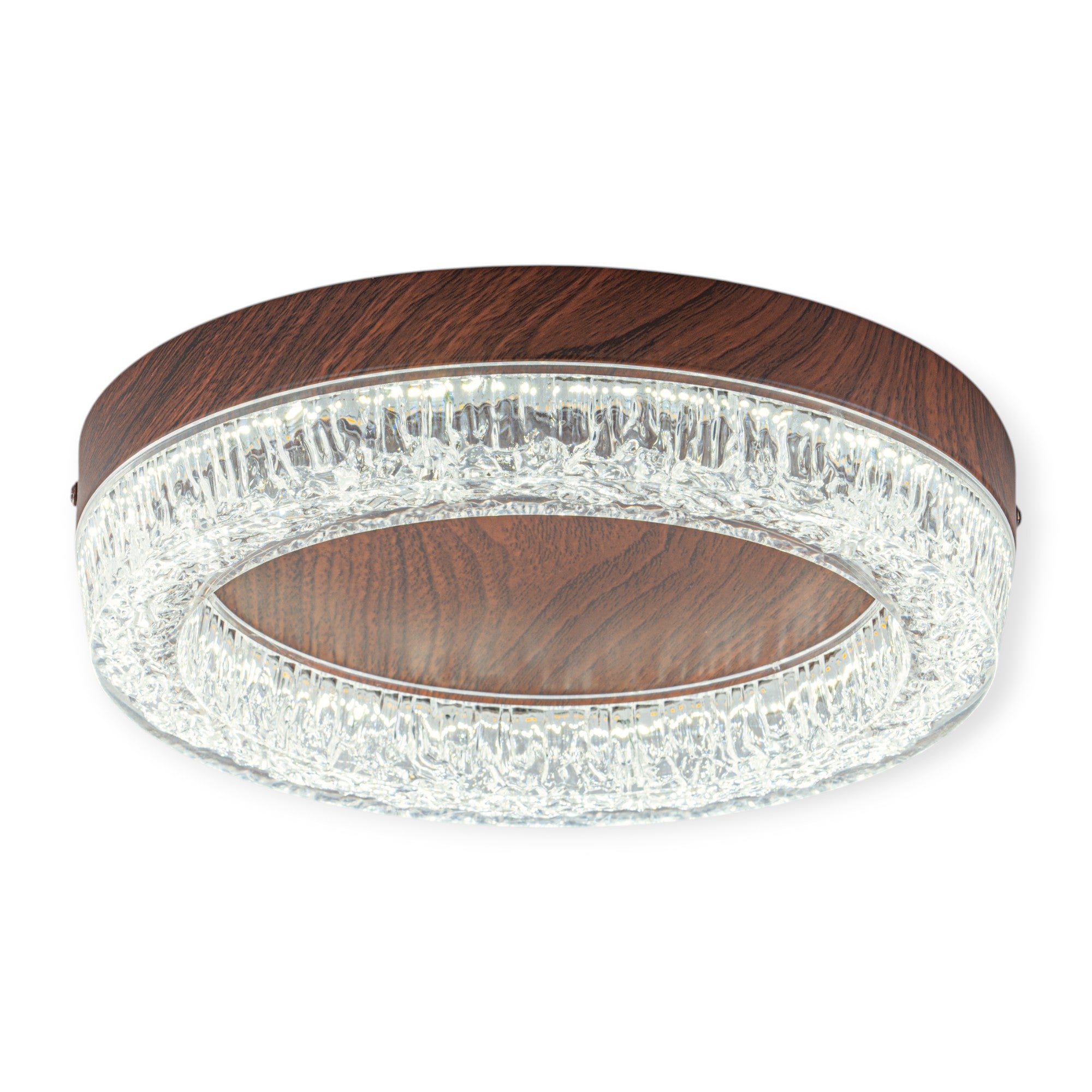 Glowlings 1-Light Modern Rippled Water Effect Round Walnut Wood LED Flush Mount Ceiling Light