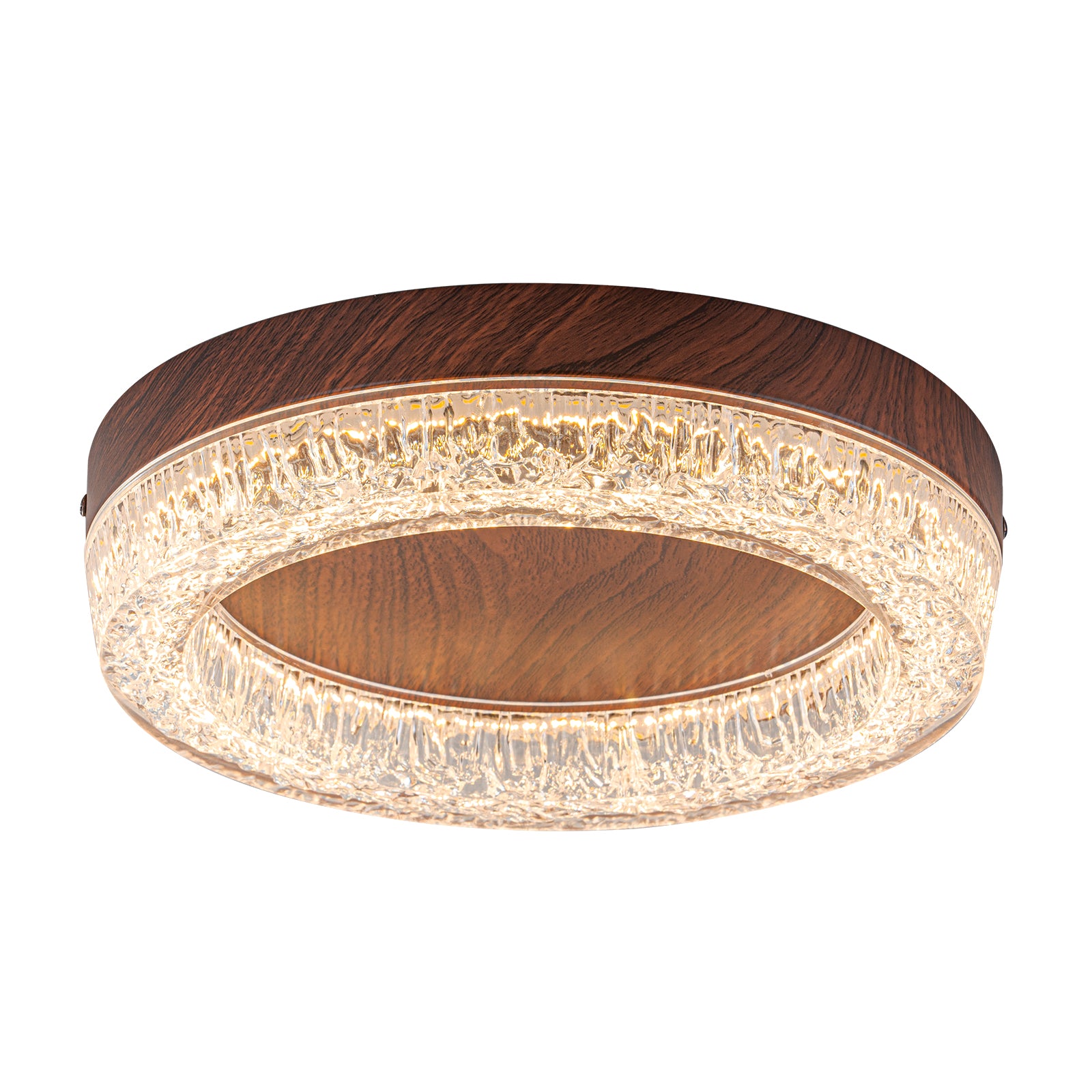 Glowlings 1-Light Modern Rippled Water Effect Round Walnut Wood LED Flush Mount Ceiling Light