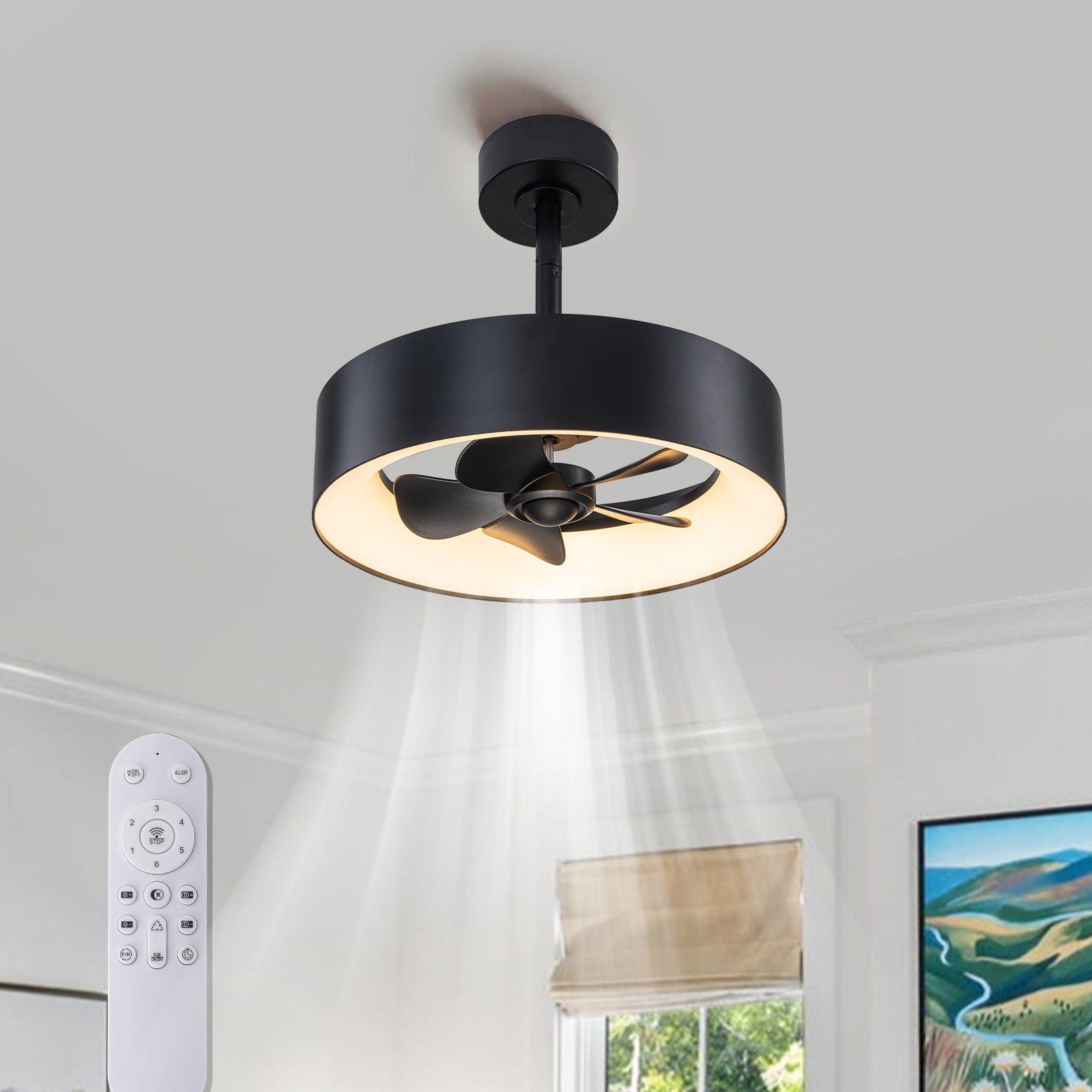 Glowlings 1-Light Modern 18"Wide Round Matte Black LED Ceiling Fan Light with Remote & APP