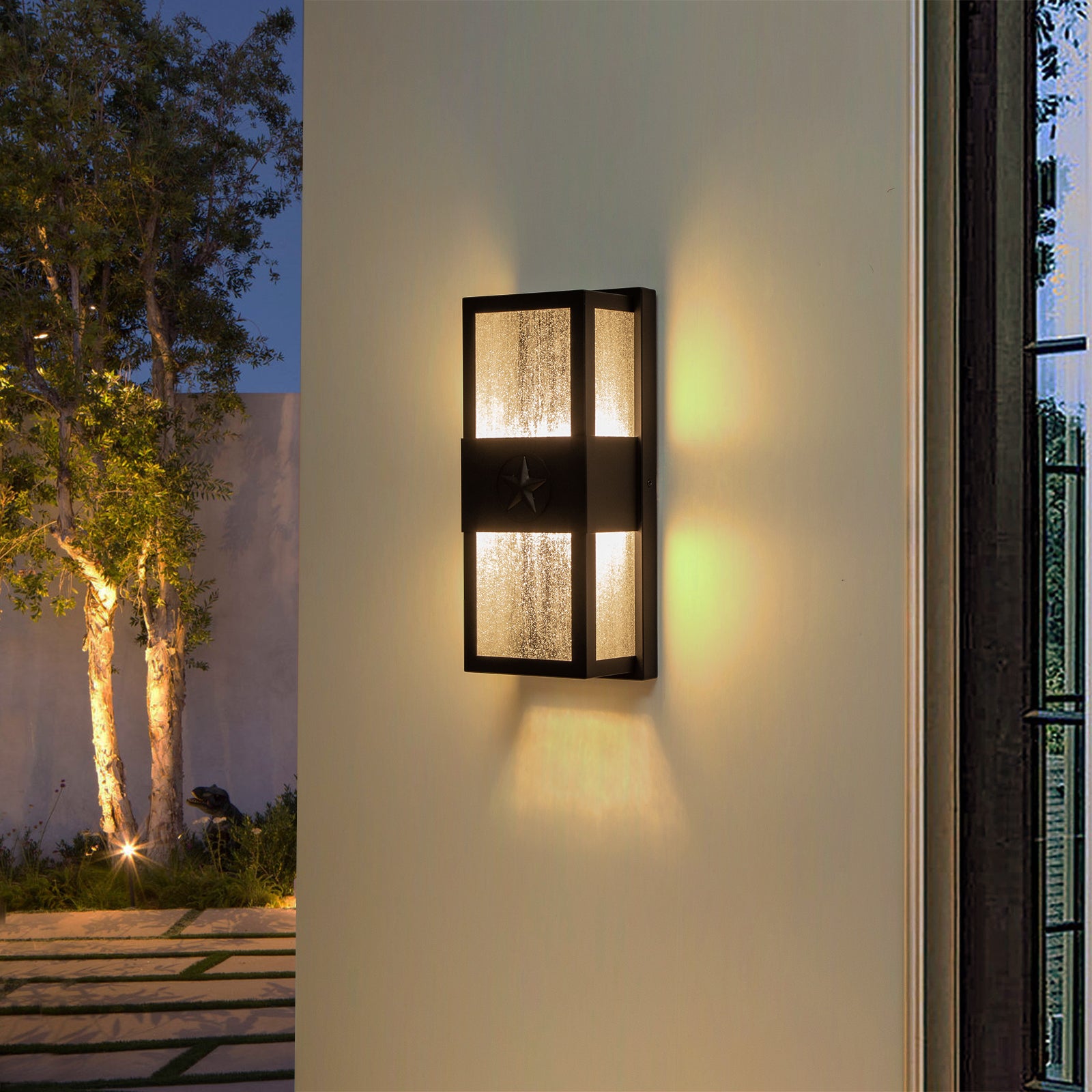 Glowlings 13"High Modern Seeded Glass Rectangle Matte Black LED Outdoor Wall Sconce