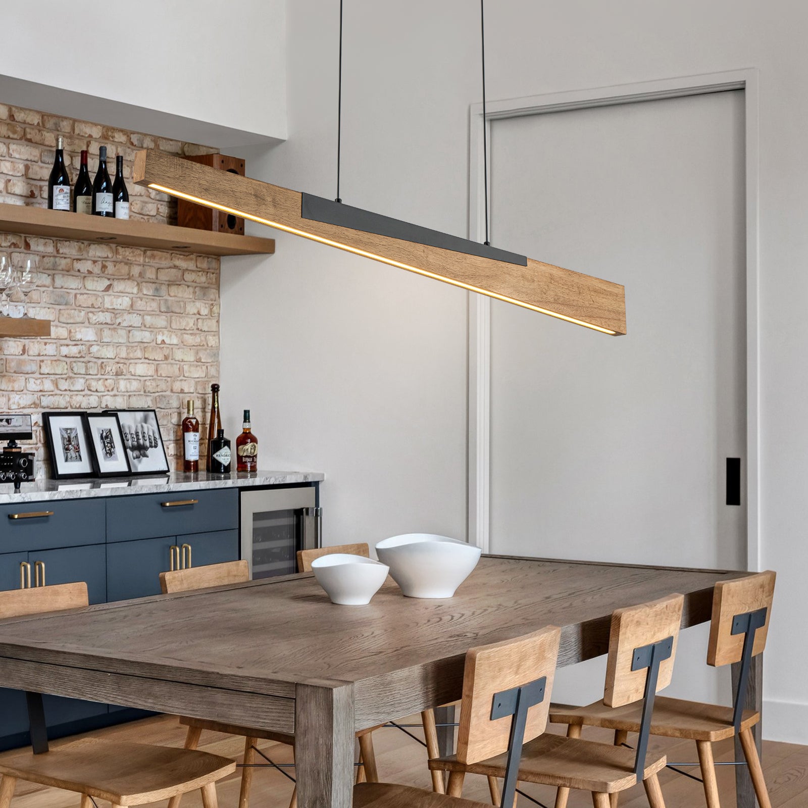 Glowlings 1-Light 49"Wide Modern Tilted Pine Linear LED Wooden Pendant Light Island Light