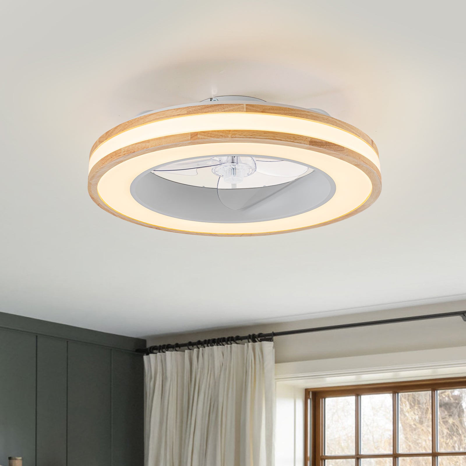 Glowlings 1-Light Natural Wood Grain Low Profile LED Ceiling Fan with Light Fandelier with Remote