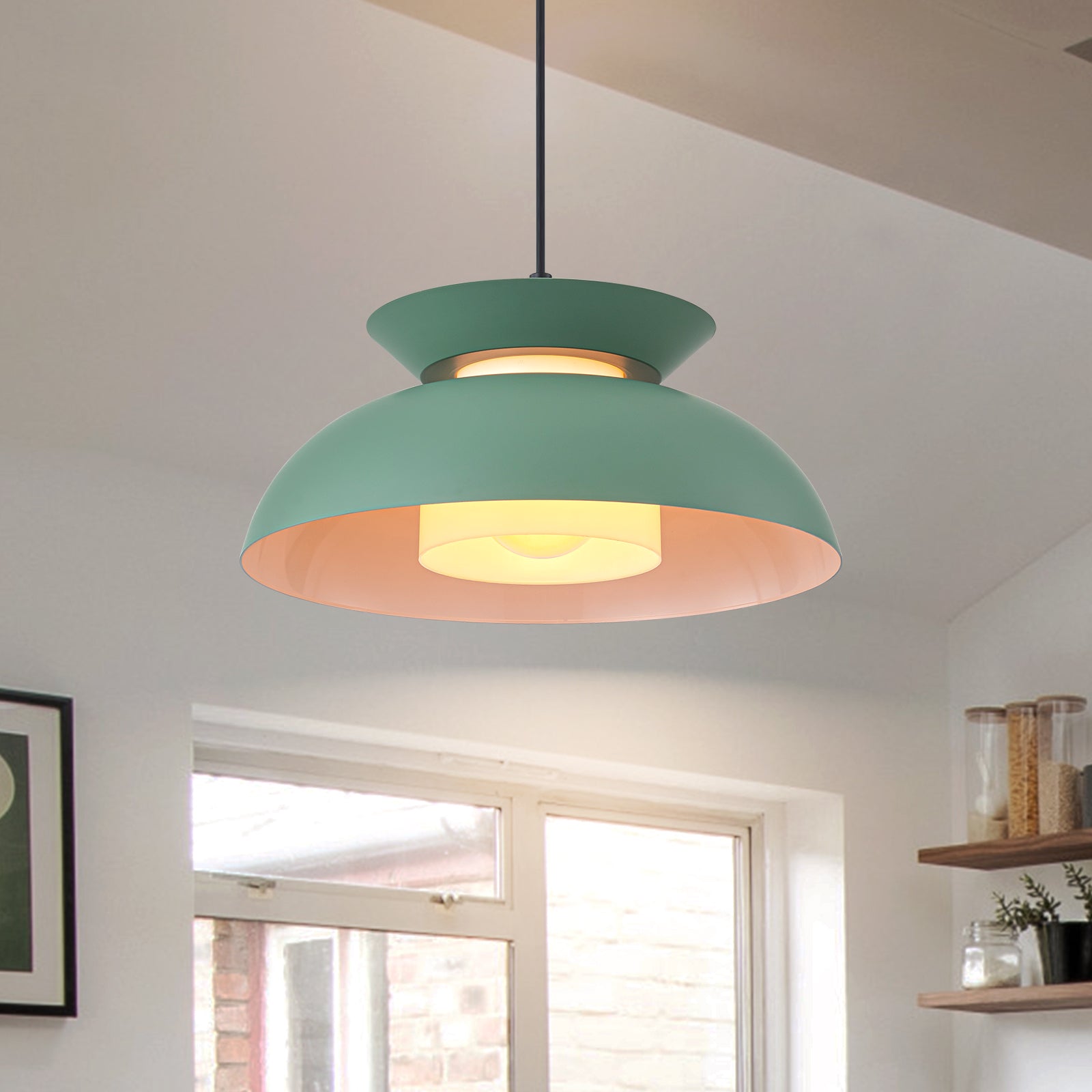 Glowlings 1-Light Nordic Industrial 14"Wide Macaron Green Dome Pendant Light