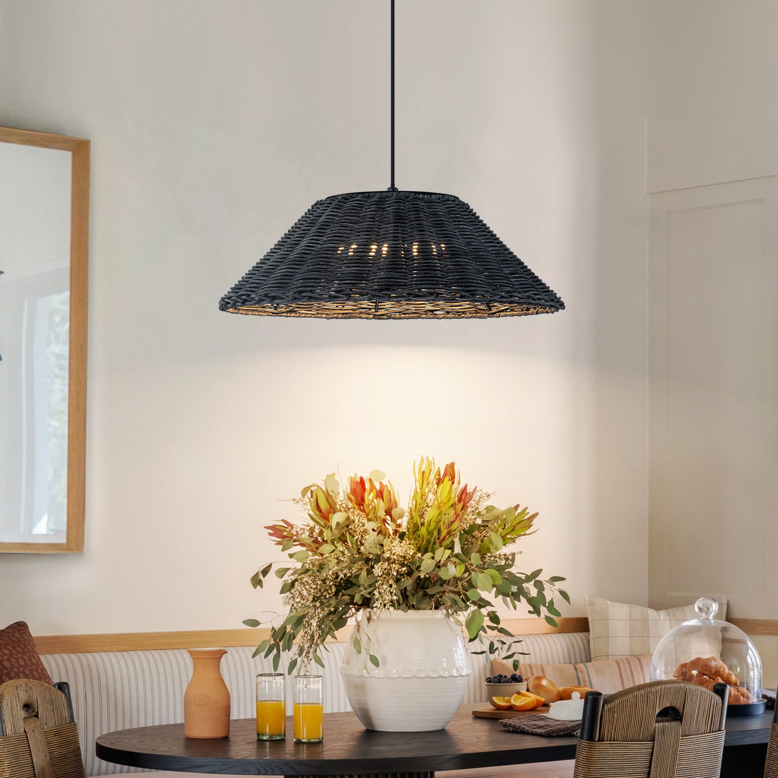 Glowlings 1-Light Retro 13"Wide LED Black Dome Natural Rattan Pendant Light