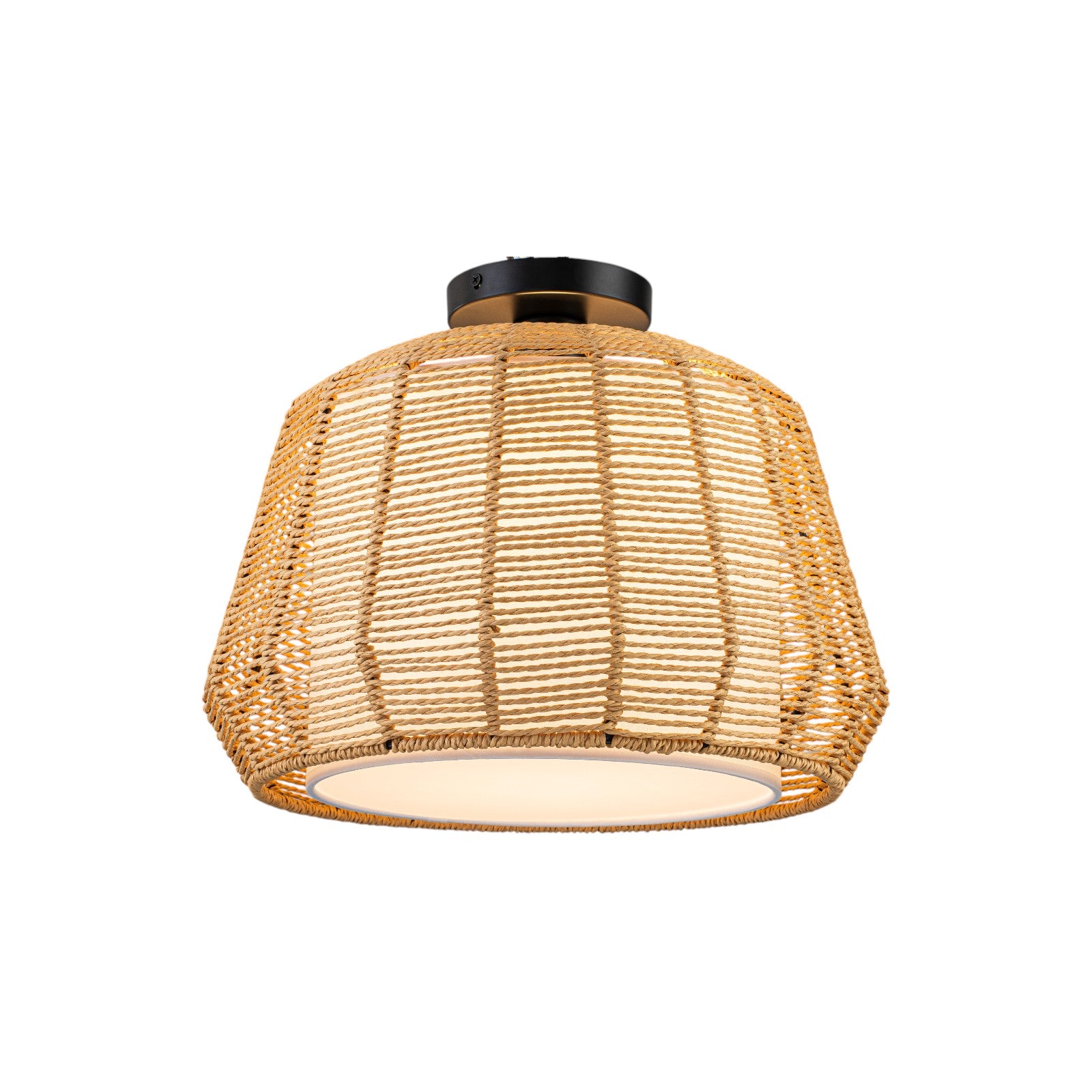 Glowlings 1-Light 16"Wide Rustic Natural Rattan Rope White Fabric Flush Mount