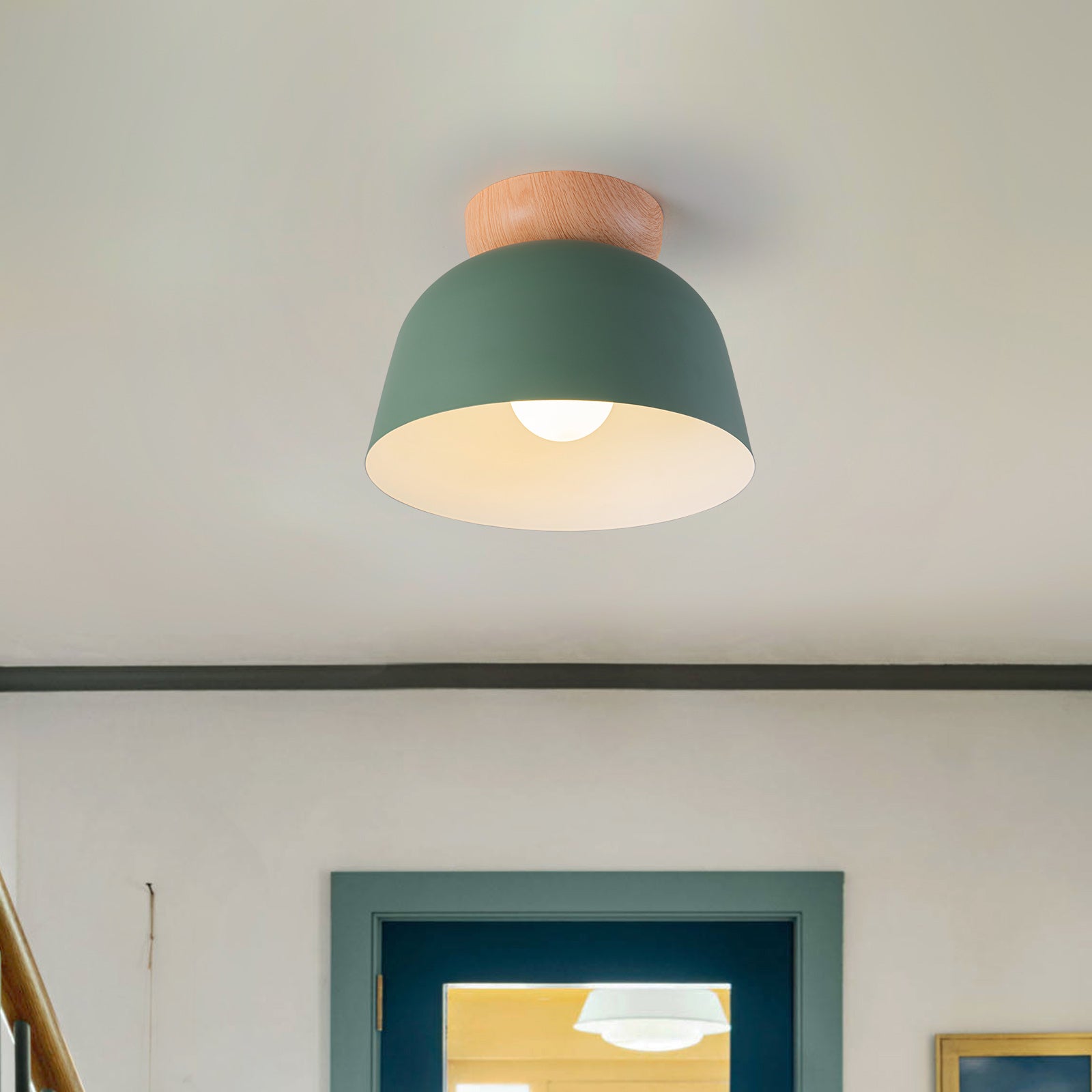 Glowlings 1-Light Modern 11"Wide Blue/Green Small Dome Wood Flush Mount Celiling Light