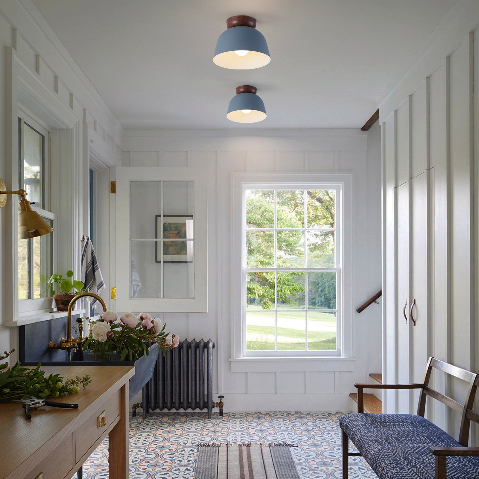 Glowlings 1-Light Modern 11"Wide Blue/Green Small Dome Wood Flush Mount Celiling Light