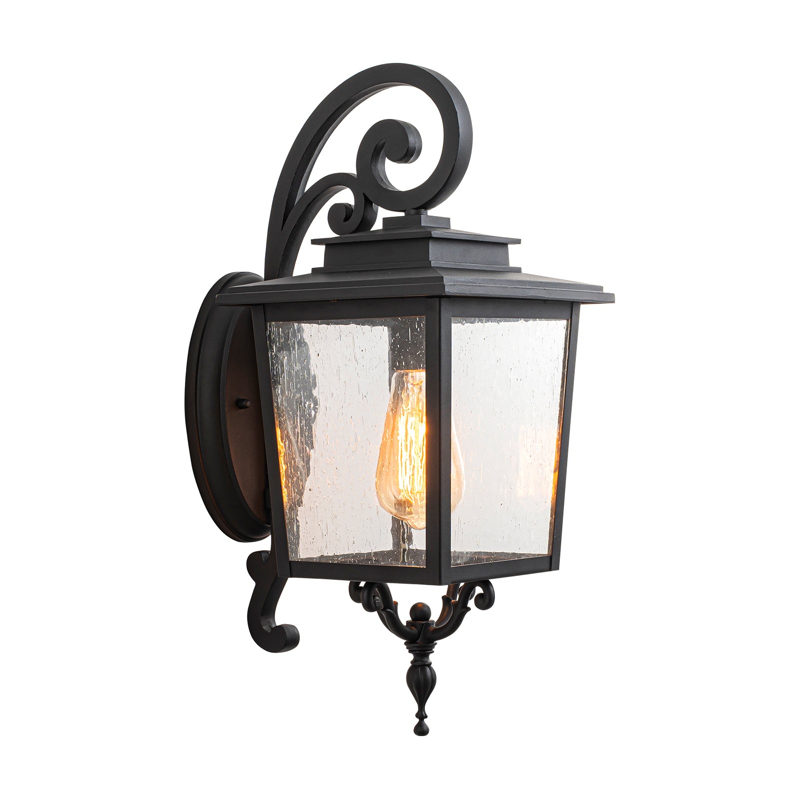 Glowlings 1-Light Traditional Lantern Outdoor Wall Sconce with Seeded Glass and Scroll Accent
