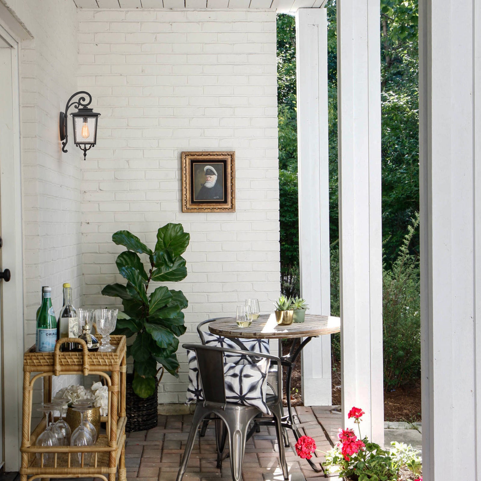 Glowlings 1-Light Traditional Lantern Outdoor Wall Sconce with Seeded Glass and Scroll Accent