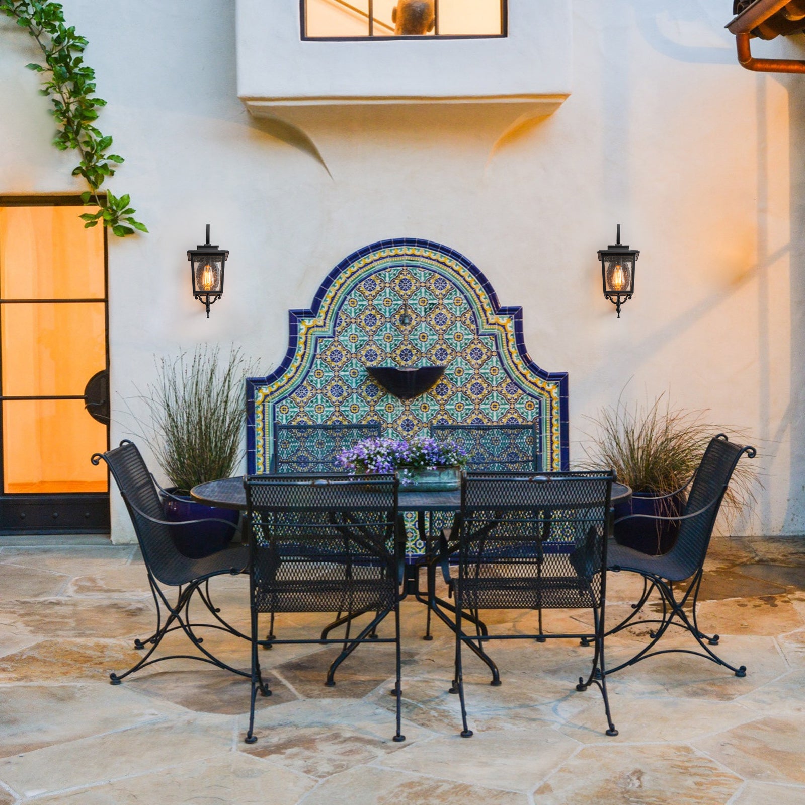 Glowlings 1-Light Traditional Lantern Outdoor Wall Sconce with Seeded Glass and Scroll Accent