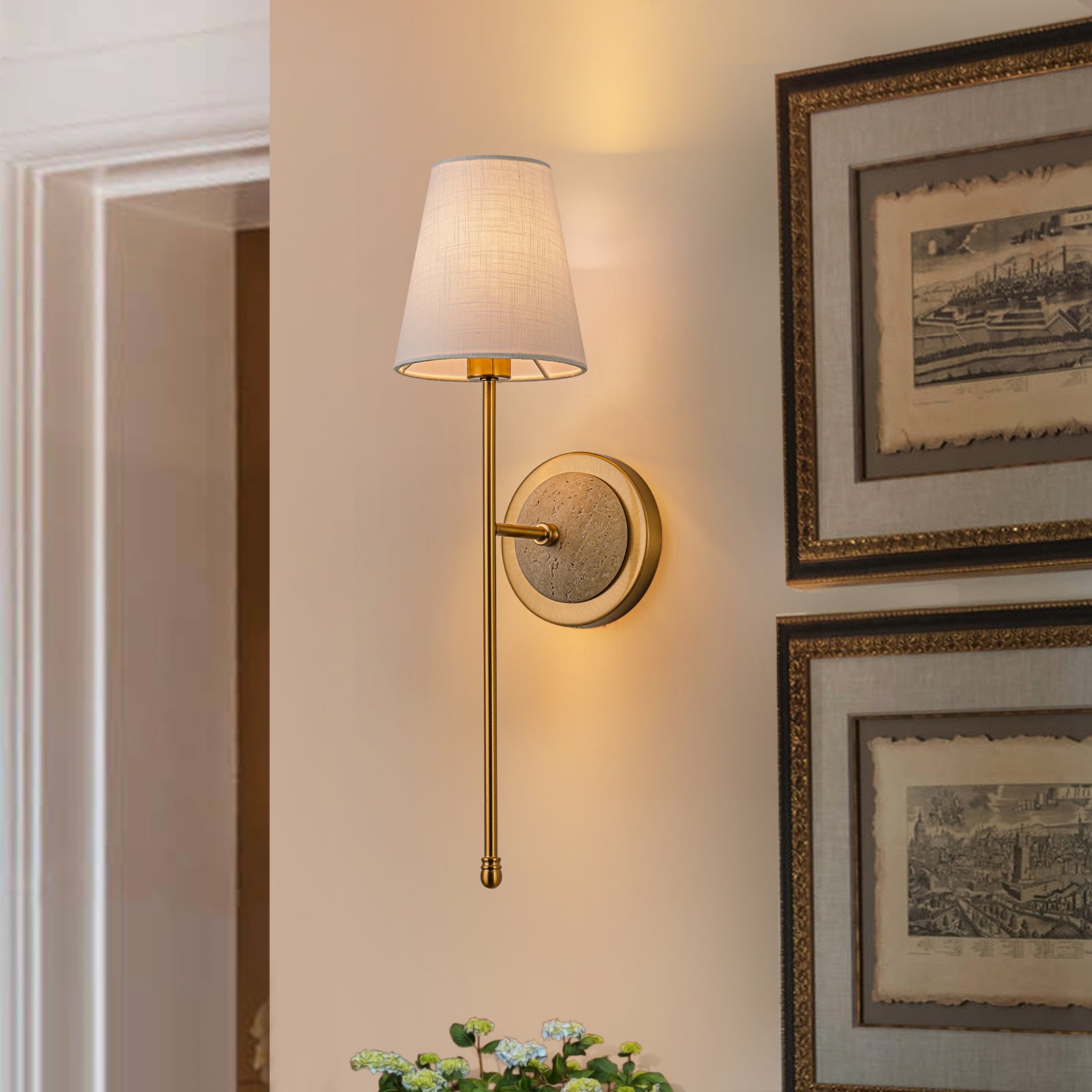 Glowlings 1-Light Vintage Antique Brass Cone Fabric Wall Sconce with Natural Stone Accent