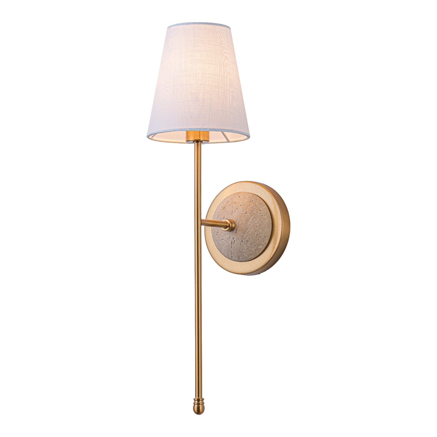 Glowlings 1-Light Vintage Antique Brass Cone Fabric Wall Sconce with Natural Stone Accent