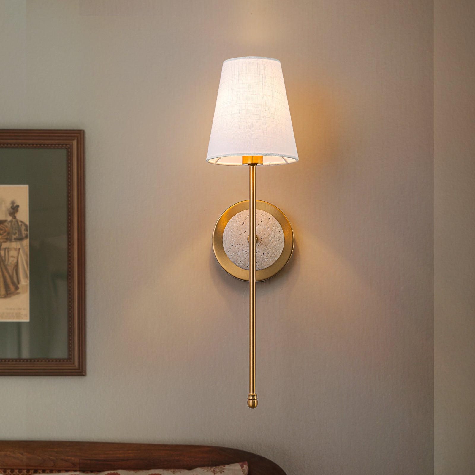 Glowlings 1-Light Vintage Antique Brass Cone Fabric Wall Sconce with Natural Stone Accent