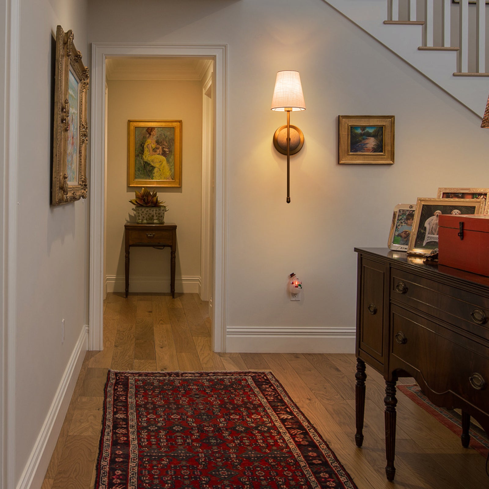 Glowlings 1-Light Vintage Antique Brass Cone Fabric Wall Sconce with Natural Stone Accent