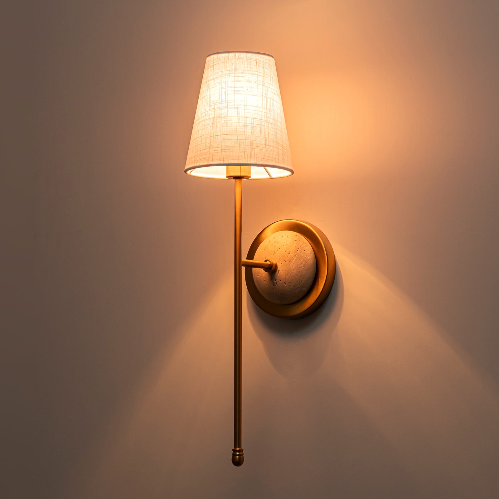 Glowlings 1-Light Vintage Antique Brass Cone Fabric Wall Sconce with Natural Stone Accent