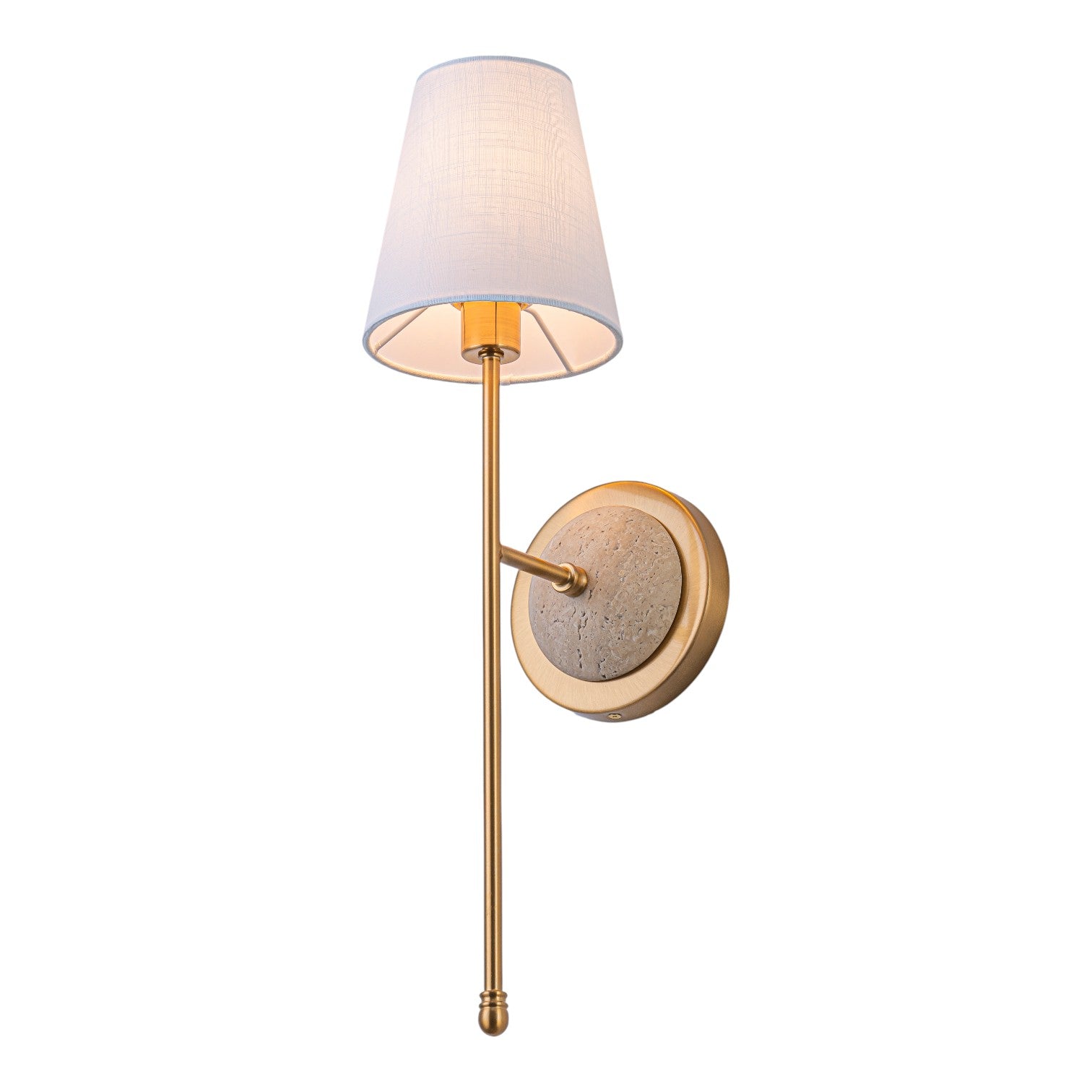 Glowlings 1-Light Vintage Antique Brass Cone Fabric Wall Sconce with Natural Stone Accent