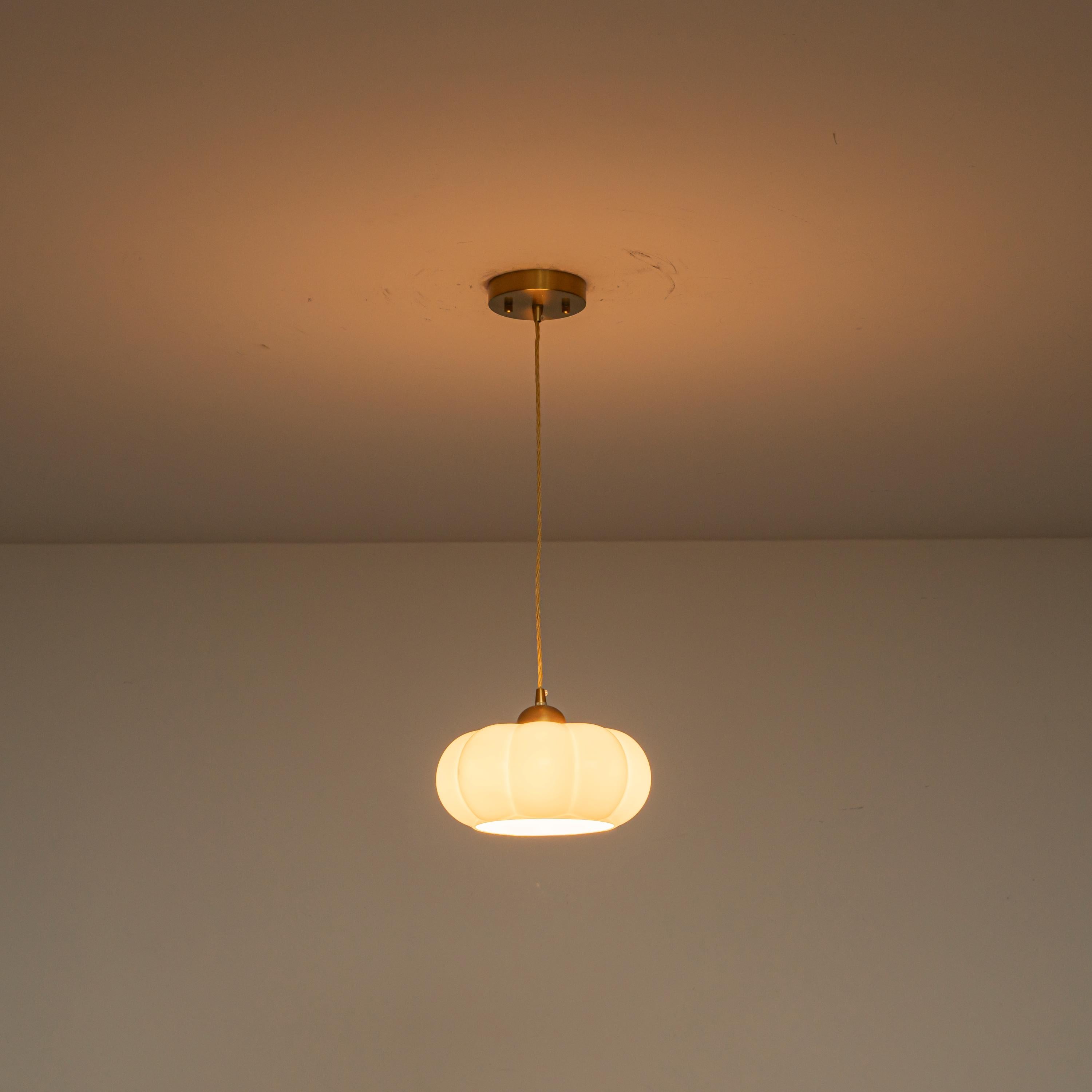 Glowlings 1-Light 10"Wide Vintage Antique Brass Opal Glass Pumpkin Small Pendant Light