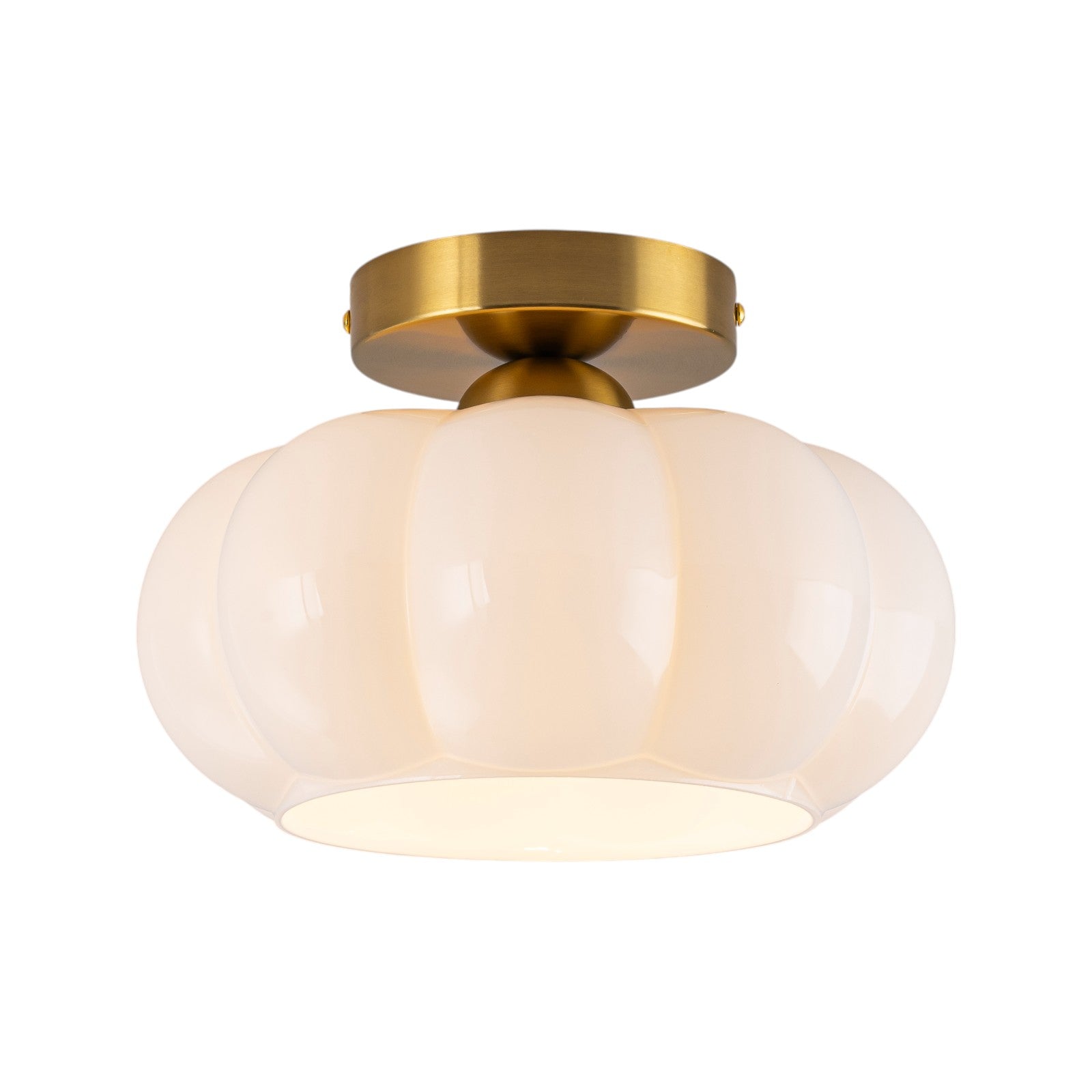 Glowlings 1-Light 10"Wide Vintage Antique Brass Opal Glass Pumpkin Small Semi-Flush Mount