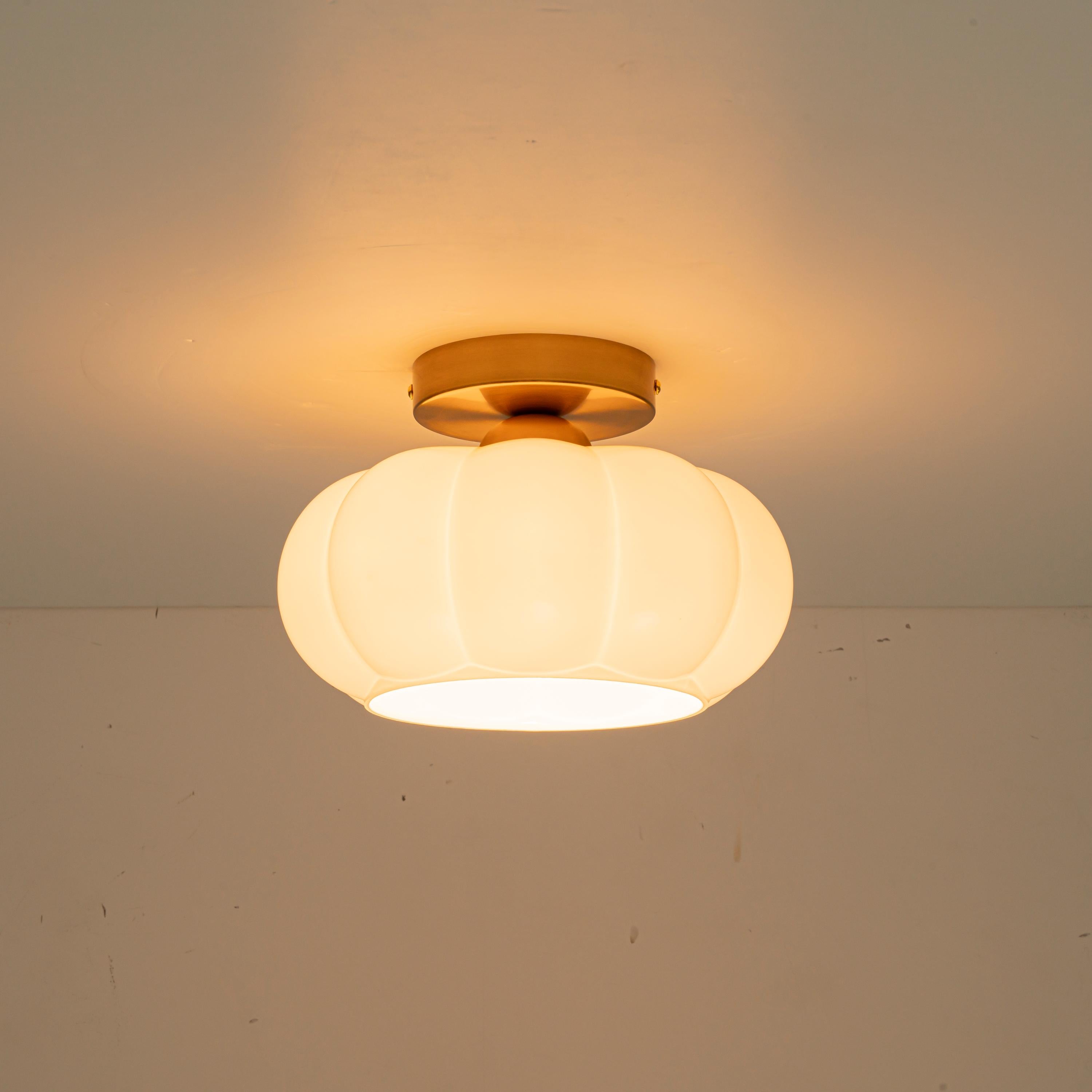 Glowlings 1-Light 10"Wide Vintage Antique Brass Opal Glass Pumpkin Small Semi-Flush Mount