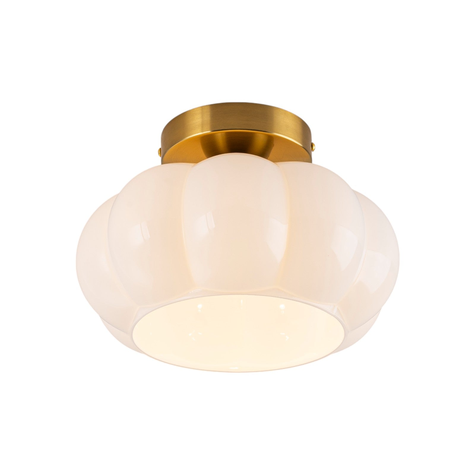 Glowlings 1-Light 10"Wide Vintage Antique Brass Opal Glass Pumpkin Small Semi-Flush Mount