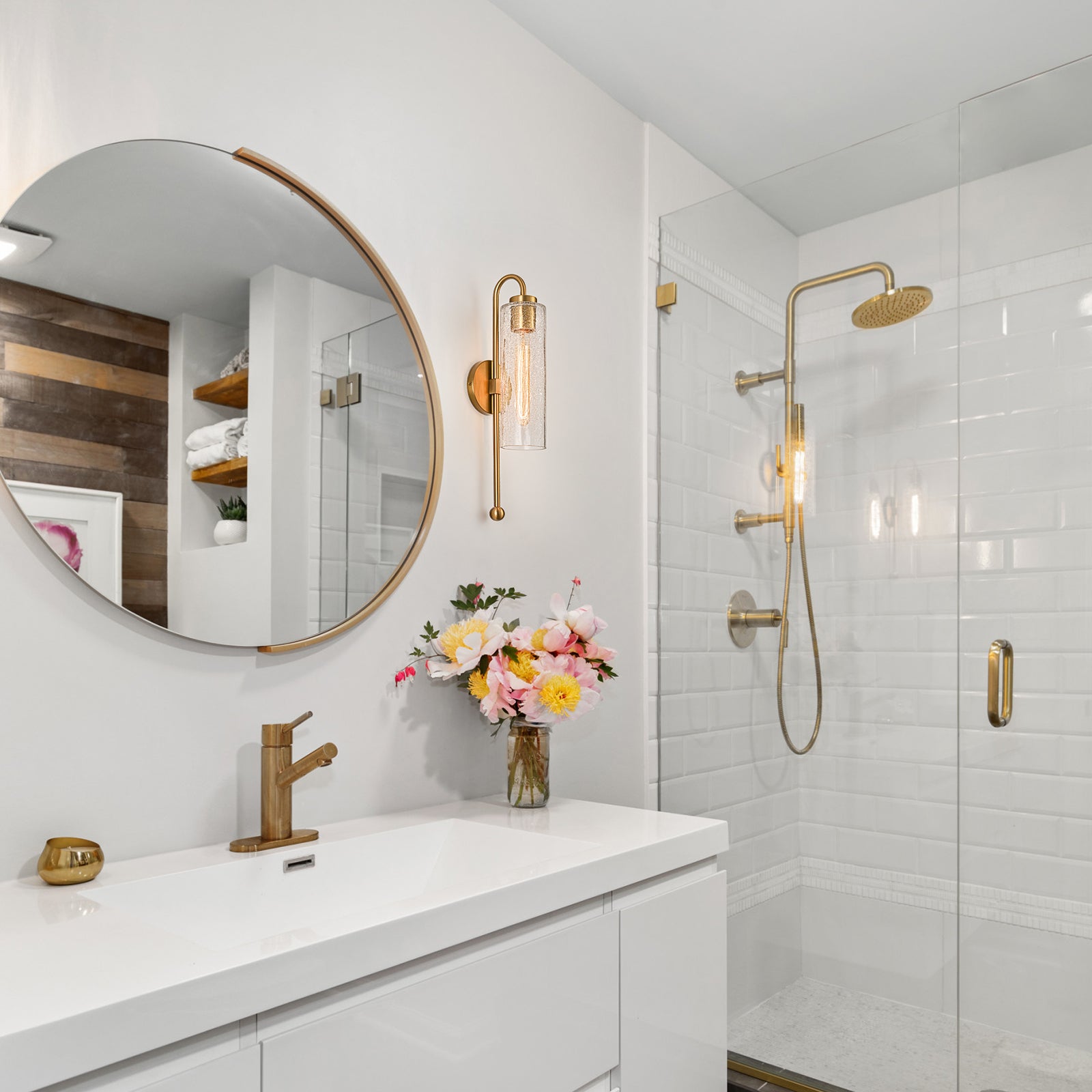 Glowlings 1-Light Vintage Crackle Glass Antique Brass Wall Sconce Bathroom Vanity Light