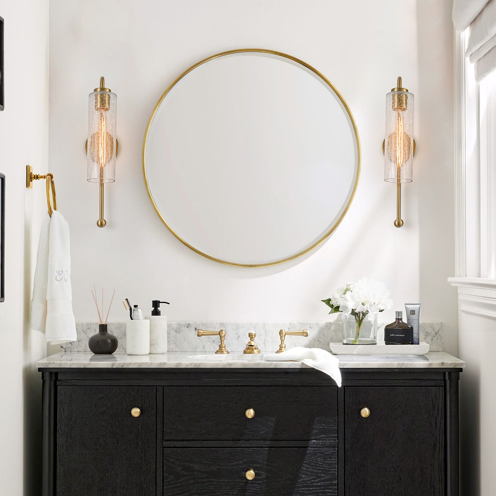 Glowlings 1-Light Vintage Crackle Glass Antique Brass Wall Sconce Bathroom Vanity Light