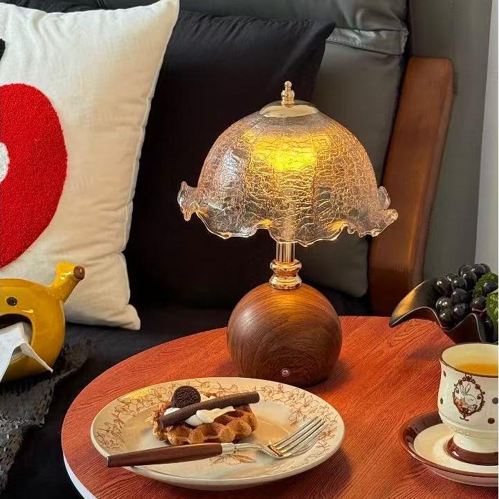 Glowlings 1-Light Vintage Flower Shape Crackle Glass Walnut Wood LED Table Lamp Three-color Changing