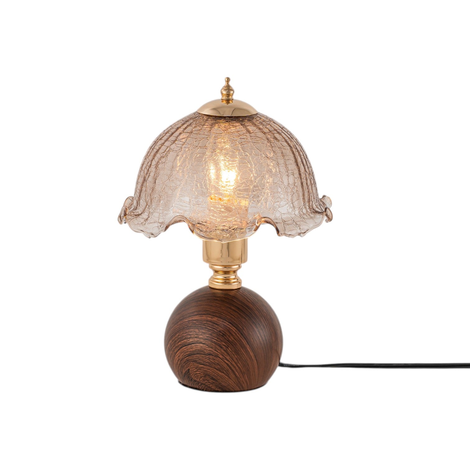Glowlings 1-Light Vintage Flower Shape Crackle Glass Walnut Wood Table Lamp Three-color Changing