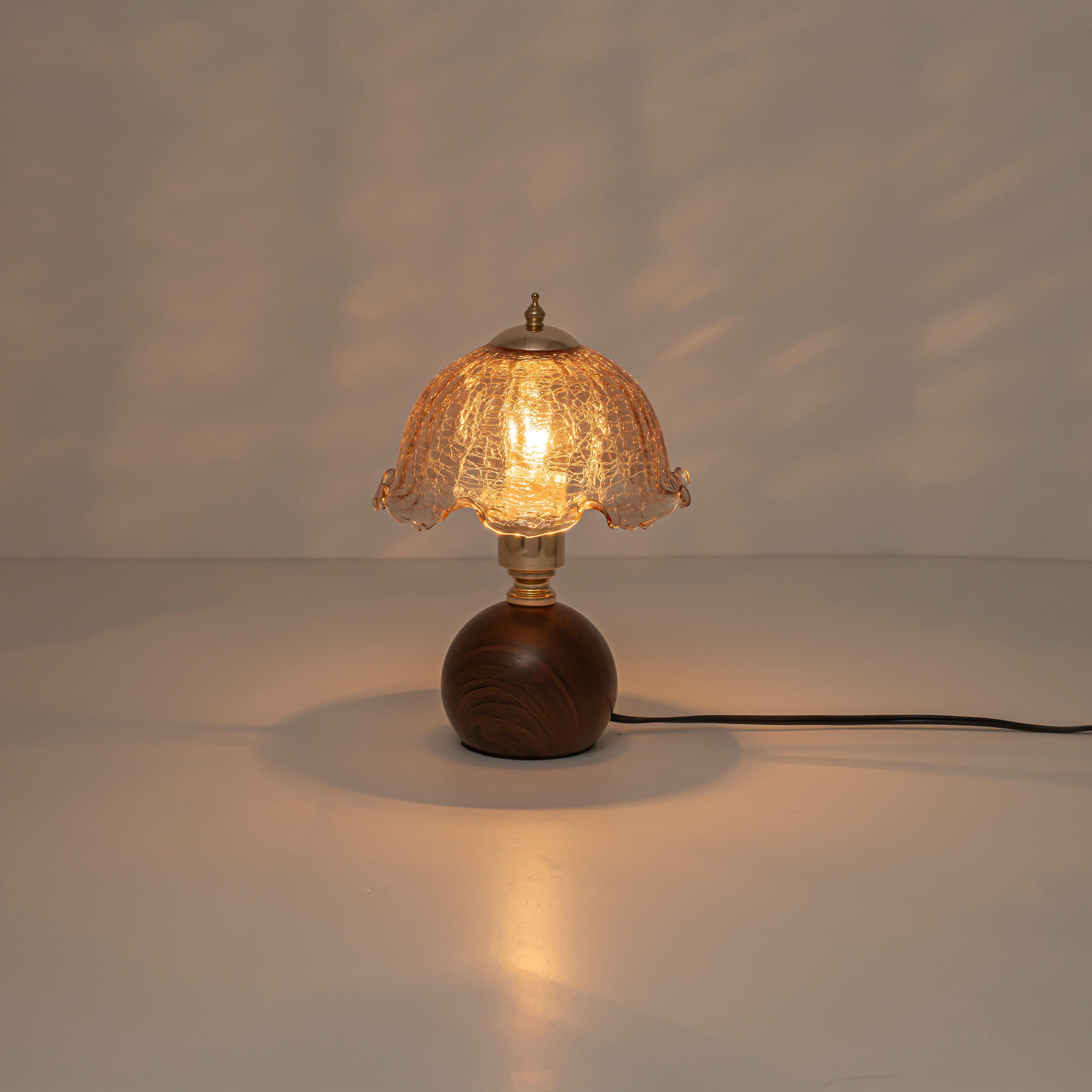 Glowlings 1-Light Vintage Flower Shape Crackle Glass Walnut Wood Table Lamp Three-color Changing