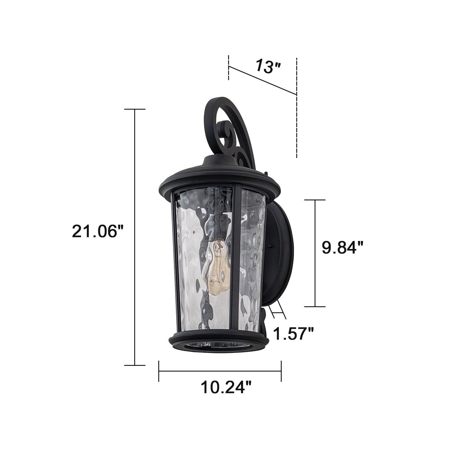 Glowlings 1-Light Vintage 21"High Matte Black IP23 Rippled Glass Outdoor Wall Sconce