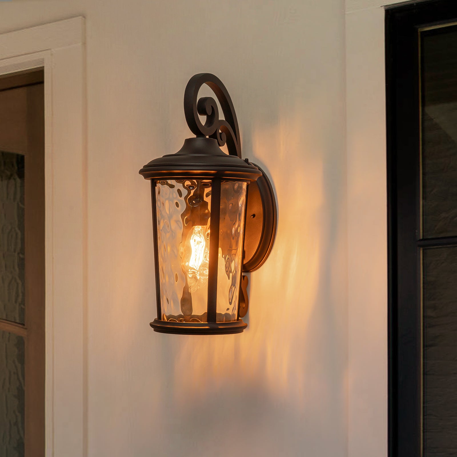 Glowlings 1-Light Vintage 21"High Matte Black IP23 Rippled Glass Outdoor Wall Sconce